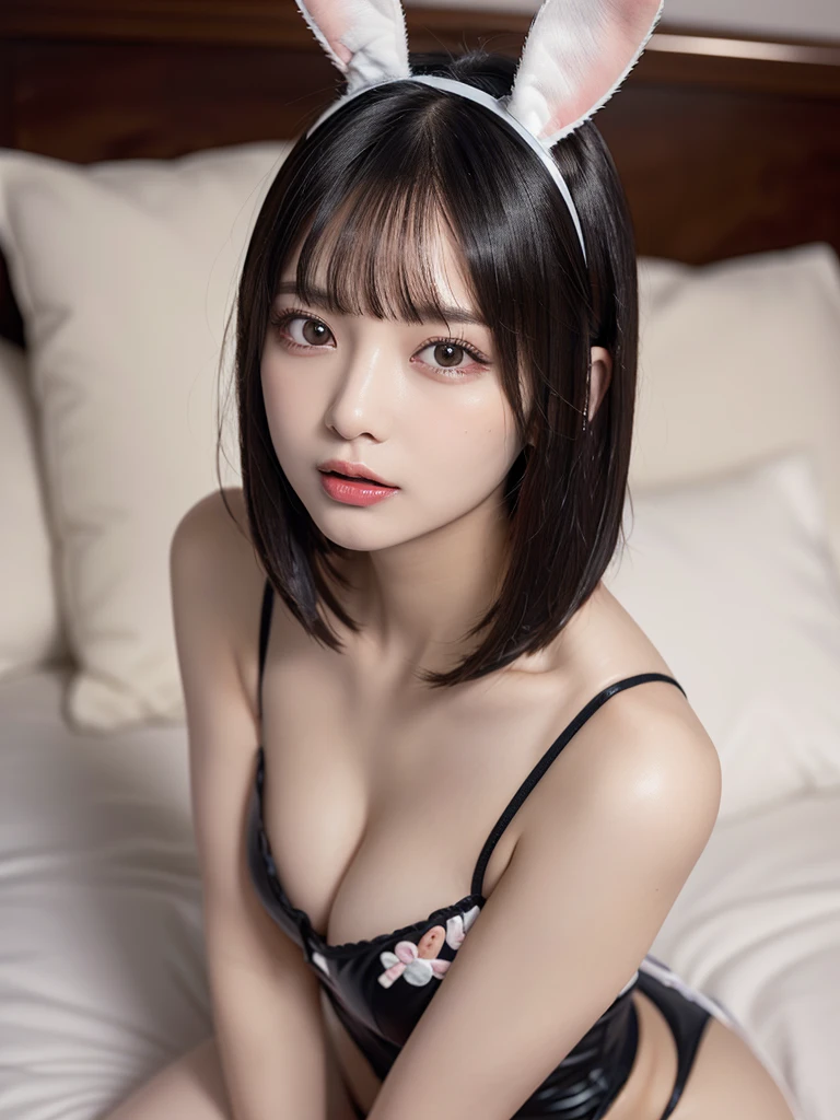 (Realistic, Photorealsitic:1.37), (masutepiece), (Best Quality:1.4), (超A high resolution:1.2),(Raw photo:1.2), (Sharp Focus:1.3), (Face Focus:1.2),
(One woman in an elaborate bunny girl costume:1.4), 20yr old,(Squatting, lie on one’s back), (Over Head Shot:1.3), (On a plush bed:1.5), Plump, BREAK,
(medium breasts:1.27), ( With my mouth wide open:1.1), (Black hair bob cut:1.3), Scenery, (20yr old), (Beautiful), Photon mapping, (spot lighting), evening, finely detail, vibrant detail, hyper realisitic, (nffsw:1.5),ultra-detailed hair,hyperdetailed face,ultradetailed eyes,Ultra detailed arms,super detailed super detailed fingers,hyperdetailed body,Erotic face,Peel the whites of your eyes,hyperdetailed lips,drool dripping from the mouth,
