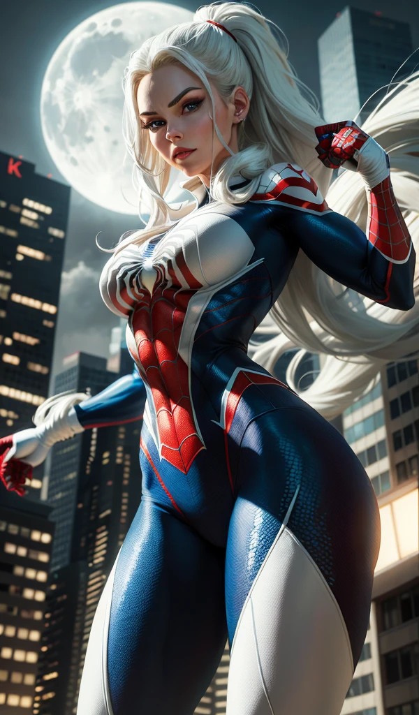 (Masterpiece, 4k resolution, ultra-realistic, very detailed), (White superhero theme, charismatic, there's a girl on top of town, wearing Spider-Man costume, she's a superhero), [ ((25 years), (long white hair:1.2), full body, (blue eyes:1.2), ((Spider-Man pose),show of strength, jumping from one building to another), ((sandy urban environment):0.8)| (cityscape, at night, dynamic lights), (full moon))] # Explanation: The Prompt mainly describes a 4K painting of ultra-high definition, very realistic, very detailed. It shows a superheroine at the top of the city, wearing a Spider-Man costume. The theme in the painting is a white superhero theme, the female protagonist has long white hair, is 25 years old and her entire body is shown in the painting. In terms of portraying the actions of superheroines, spiders are employed