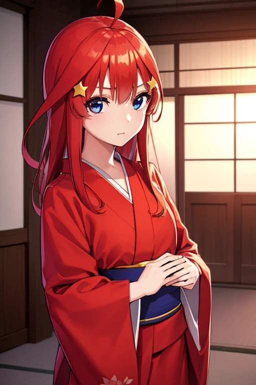 Satsuki Nakano, Itsuki Nakano, Bangs, Blue eyes, hair between eye, Ahoge, Red hair, Star \(symbol\), Hair Ornament, Star hair ornament,Red kimono,Kimono,Sunny,-Like that,Shrine REAK staring at the viewer, BREAK (masutepiece:1.2), Best Quality, High resolution, Unity 8k壁纸, (Illustration:0.8), (Beautiful detailed eyes:1.6), extra detailed face, Perfect Lighting, extremely details CG, (Perfect hands, Perfect Anatomy),