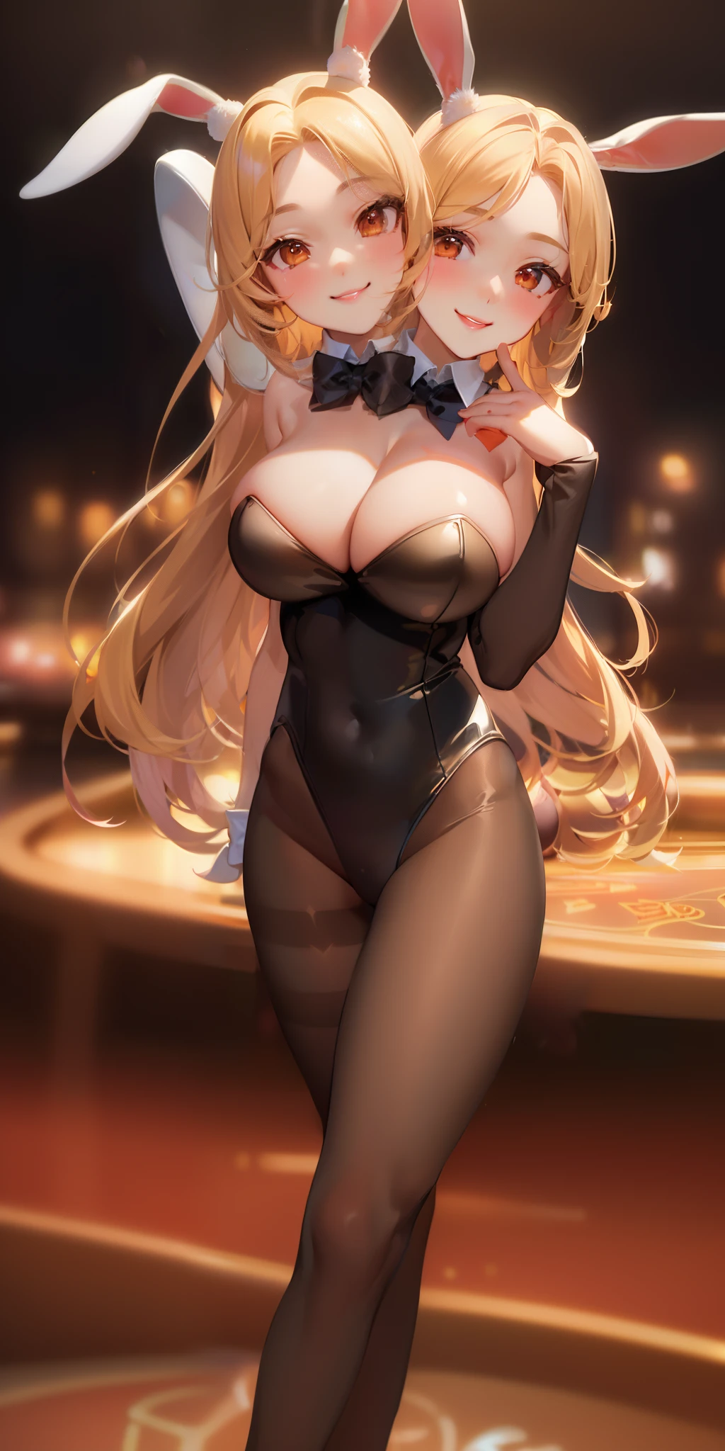 (close shot, best quality:1.5, highres, UHD, 4K, detailed lighting, shaderrown straight hair, large breasts, bunnysuit, pantyhose, bowtie, seductive pose, smiling, standing, casino background, (2heads:1.5)