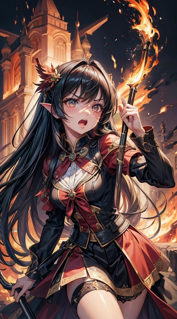 masterpiece, beautiful detailed grow, waving prepare a whip of flame, hit, soro, black long straight hair femdom girl, eyes:1.5, angry:1.6, open mouth, background battlefield.