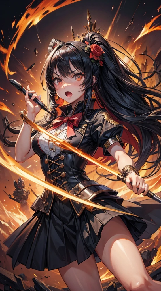 masterpiece, beautiful detailed grow, waving prepare a whip of flame, hit, soro, black long straight hair femdom girl, eyes:1.5, angry:1.6, open mouth, background battlefield.