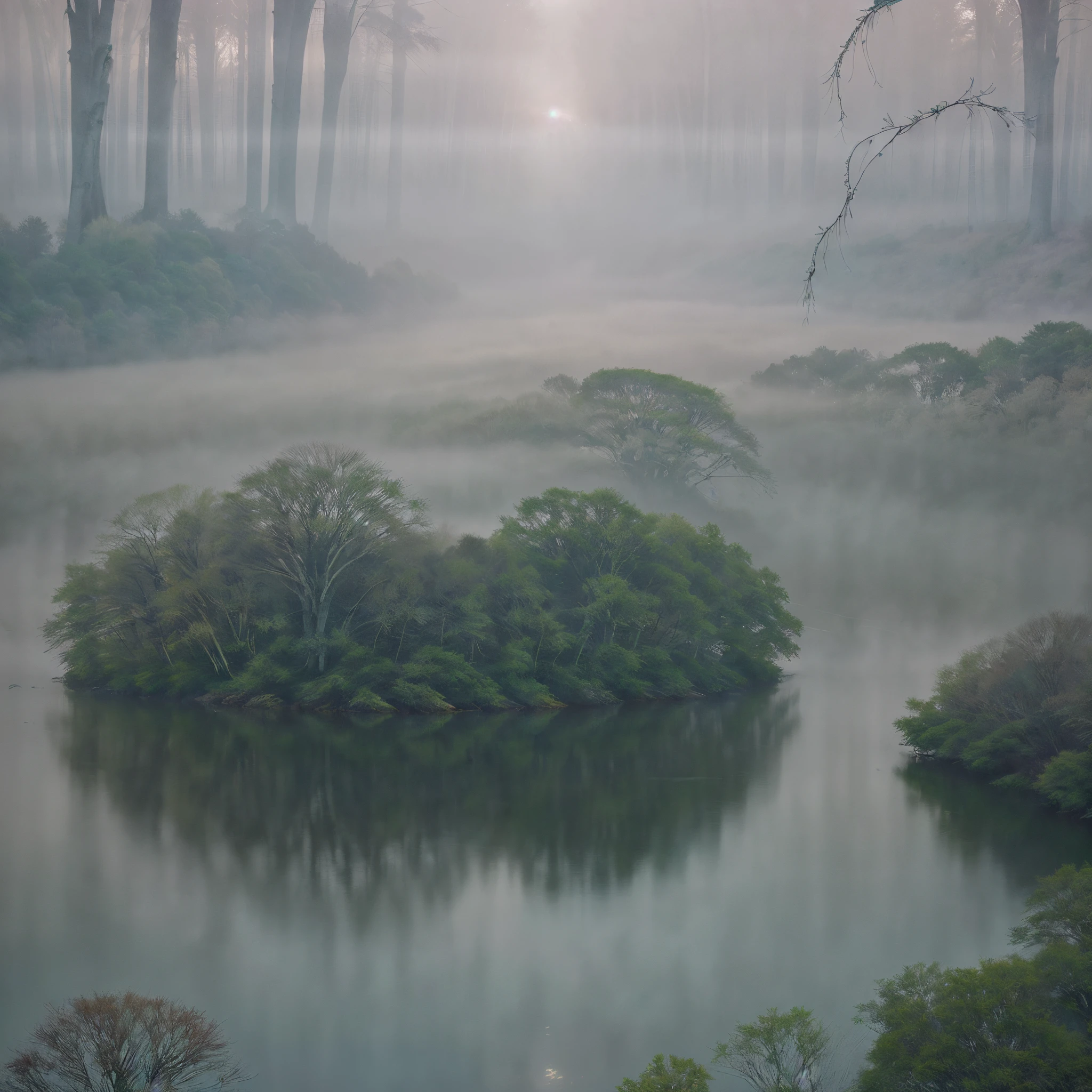 In ethereal foggy mornings, a mystical landscape unfolds. The soft, diffuse light filters through the mist, creating an atmospheric and dreamlike setting. The image, reminiscent of a breathtaking photograph, captures the tranquility and enchantment of dawn. Delicate tendrils of fog embrace towering trees, their verdant leaves barely visible, while a serene river meanders through the scene. The impeccable clarity of the image highlights every subtle detail—the dew glistening on delicate petals, a distant heron gracefully taking flight. This captivating picture enthralls viewers, immersing them in the ethereal beauty of nature's quiet awakening.