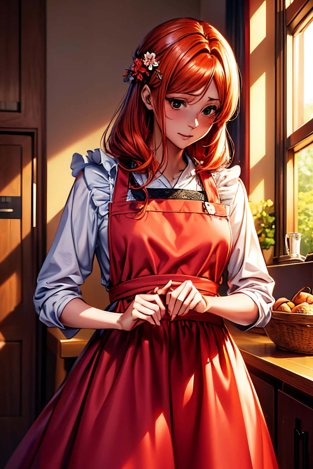 (Best quality,8K,A high resolution,tmasterpiece:1.2),Digital artwork,A woman in her twenties,with beautiful red hair,gentle expressions,'s, inoueorihime,,aprons,A small flower hairpin