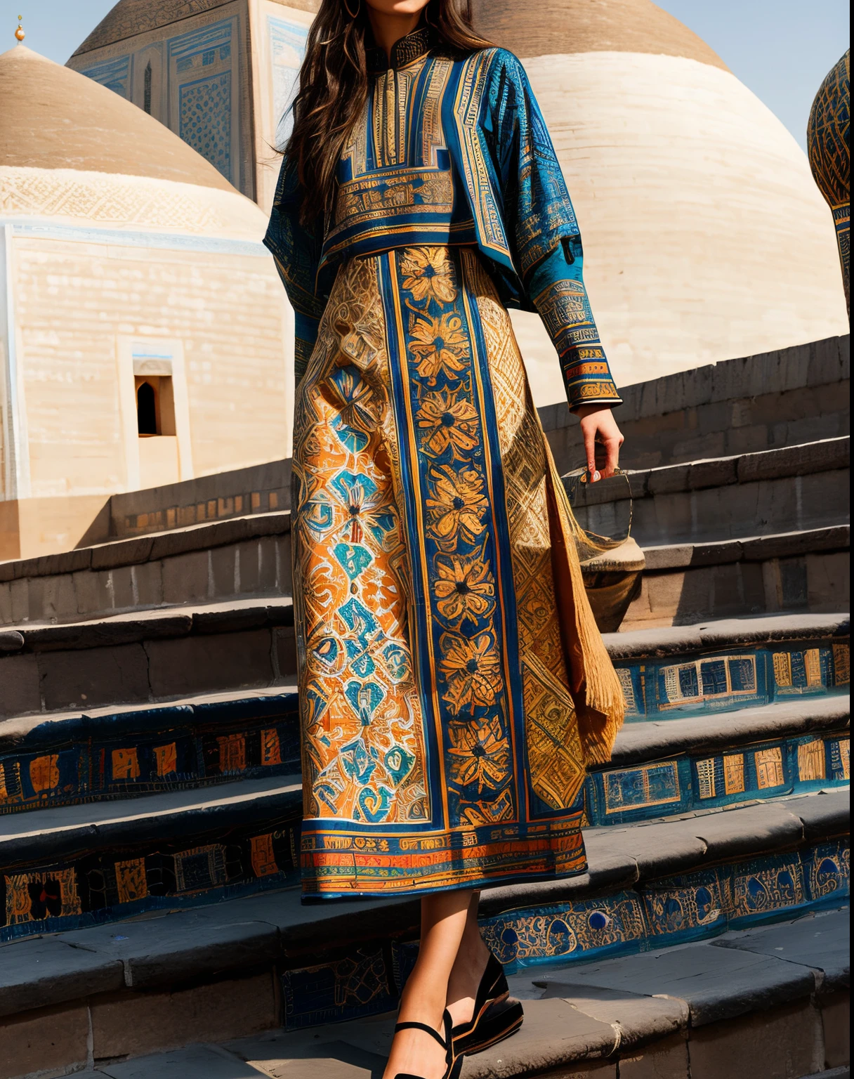 high fashion, hyperrealism, clothing in the style of the Ark fortress, the ancient citadel in Bukhara, Uzbekistan, material with a traditional pattern or drawings in the spirit of the works of artists of that time: at the same time, clothing models refer to those times,material decorated with traditional patterns or drawings inspired by the works of famous artists to create a unique image