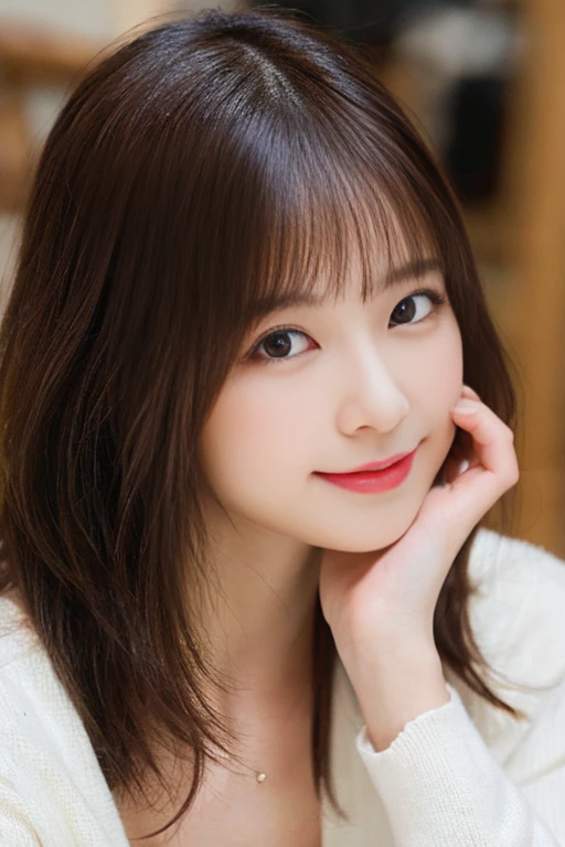 masutepiece, Best Quality, Illustration, Ultra-detailed, finely detail, hight resolution, 8K Wallpaper, Perfect dynamic composition, Beautiful detailed eyes, knit,Medium Hair,Natural Color Lip, Bold sexy poses,Smile,Harajuku、20 years girl、Cute、Sexy shot looking at camera、C Cup、Brown hair、cacique#39;s face、fashionable cafe