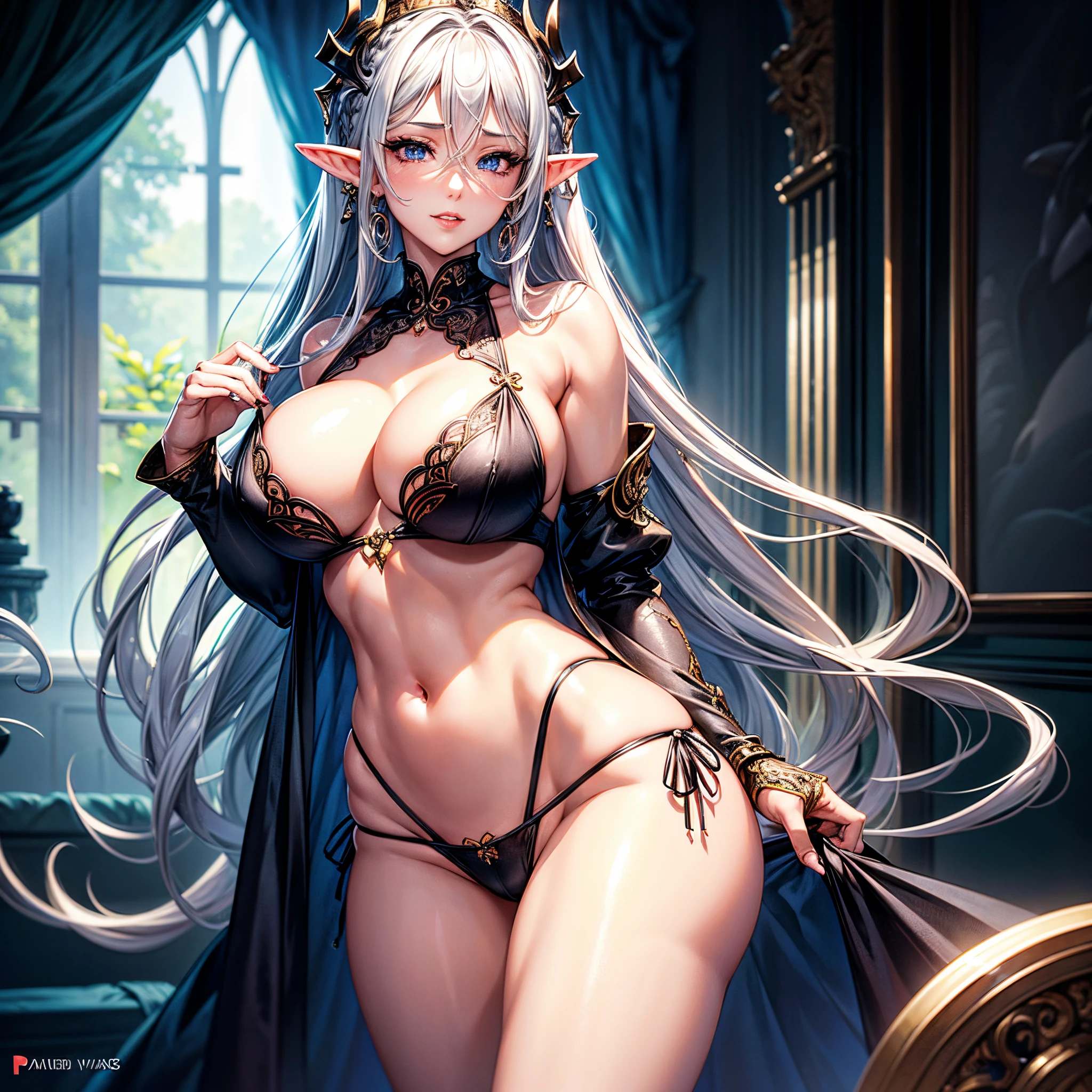 (best quality), best illustration, intricate details, ultra-detailed, hair between eyes, splendid illustration, extremely detailed, 1 elf gir, (beautifully detailed face), diamond earrings, solo, extremely Detailed CG, dynamic angle, deep sliver eyes: narrow waist, red lips, parted lips, seductive smile, shiny silver hair, very long hair, braids, huge breasts, very tight micro bikini, see through micro bikini, see through clothes, revealing negligee, erotic, crop top, huge ass, underboobs, nipple bulge, masturbation, embarrassed, very flushed face, cum on breasts, cum on the body.