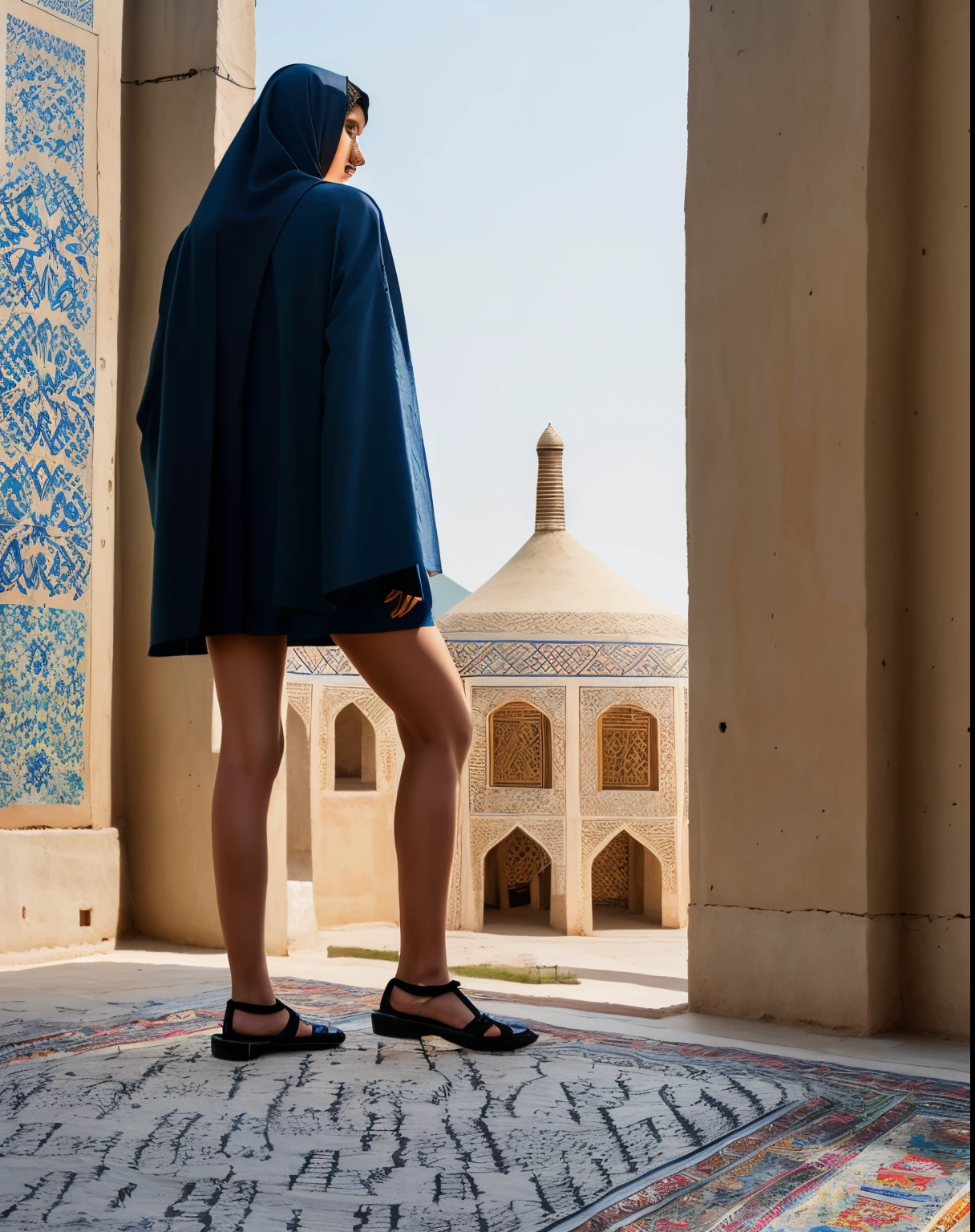 high fashion, hyperrealism, clothing in the style of the Ark fortress, the ancient citadel in Bukhara, Uzbekistan, material with a traditional pattern or drawings in the spirit of the works of artists of that time: at the same time, clothing models refer to those times,material decorated with traditional patterns or drawings inspired by the works of famous artists to create a unique image