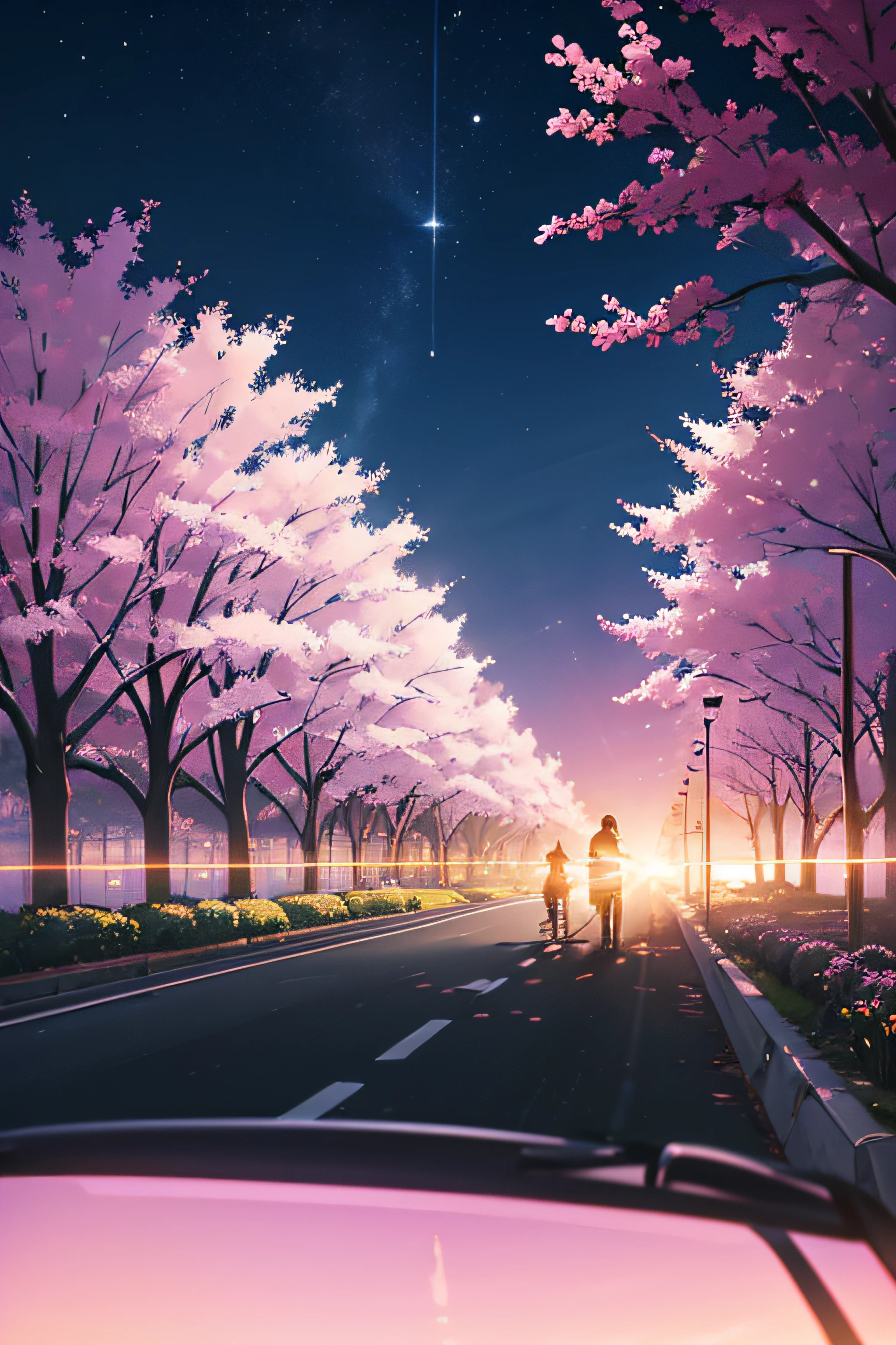 Anime scene with cars passing under pink and purple sky, anime drawing by Makoto Shinkai, trending on pixiv, magic realism, beautiful anime scene, cosmic sky. by makoto shinkai, ( ( makoto shinkai ) ), by makoto shinkai, anime background art, makoto shinkai style. Detail enhancement, perfect detail processing.
