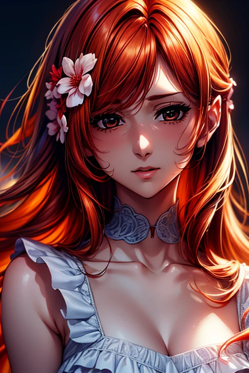 absurdres, highres, ultra detailed, HDR, master piece, best quality, Nami, long orange hair, expressive brown eyes, one piece, solo, woman, beautiful, white dress, red jacket, pink butterflies, petals, pink flowers, magical, fantasy, glittering, pink background