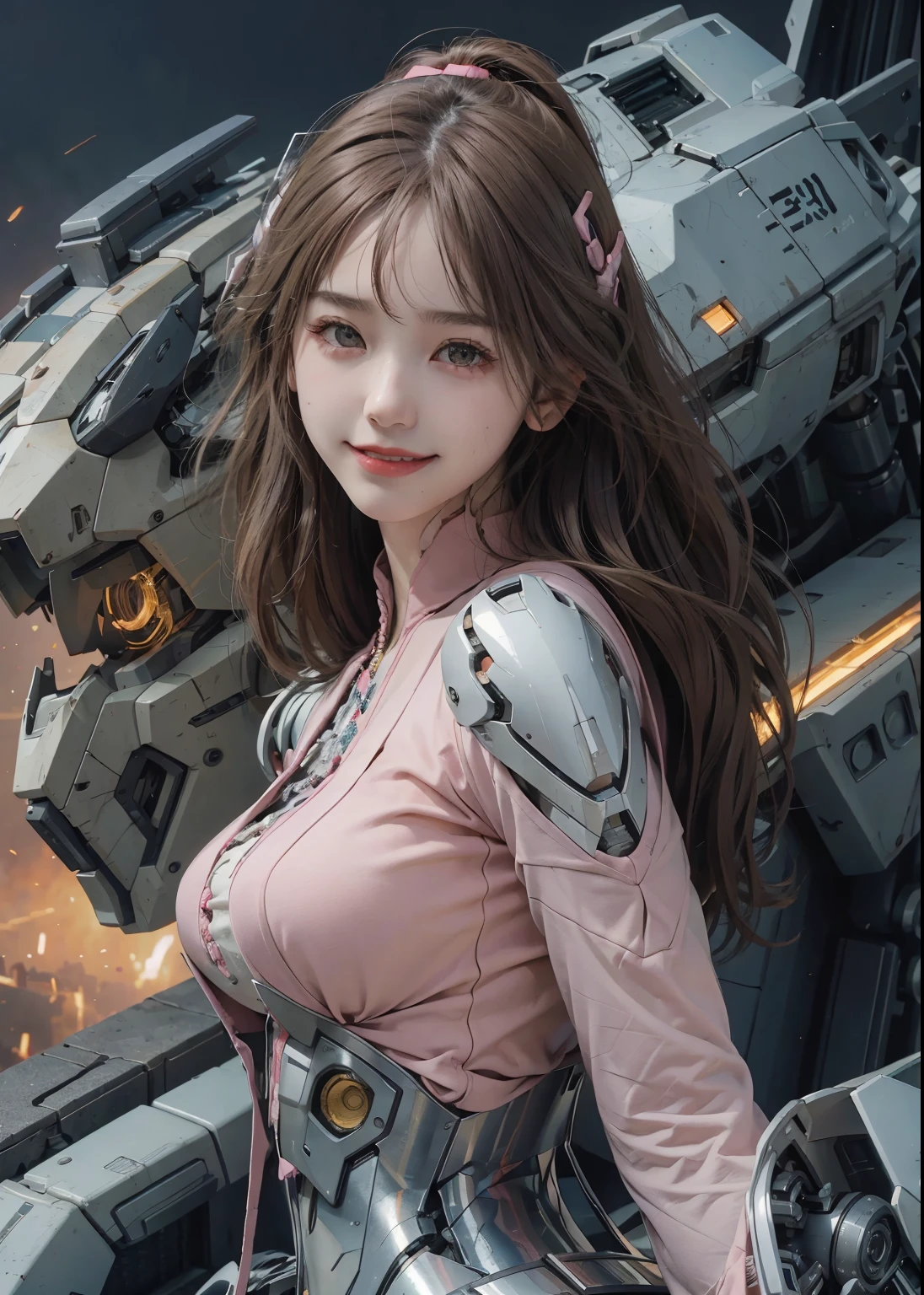 Textured skin, Super Detail, high details, High quality, Best Quality, hight resolution, 1080p, hard disk, Beautiful,(Gundam),beautiful cyborg woman,Mecha Cyborg Girl,Battle Mode,Girl with a Mecha Body, 20years, smile,Pink ribbon, Colossal tits, She wears a futuristic Gundam mecha,Fulll body Shot,dynamic movement