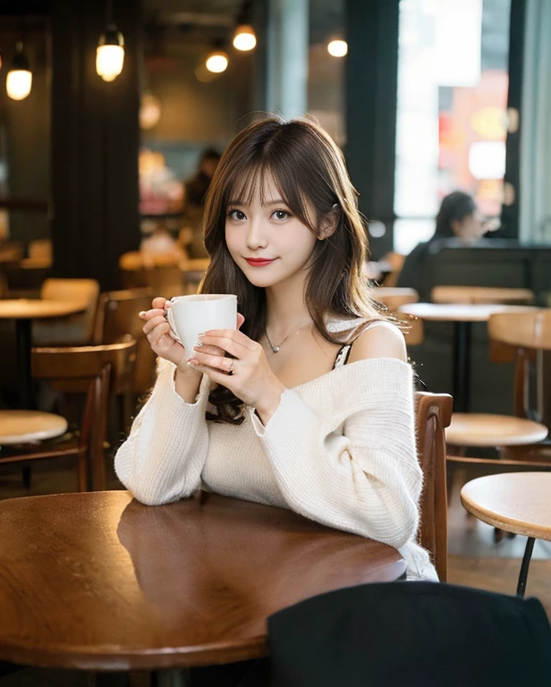 masutepiece, Best Quality, Illustration, Ultra-detailed, finely detail, hight resolution, 8K Wallpaper, Perfect dynamic composition, Beautiful detailed eyes, knit,Medium Hair,Natural Color Lip, Bold sexy poses,Smile,Harajuku、20 years girl、Cute、Sexy shot looking at camera、C Cup、Brown hair、cacique's face、cafes、sitting on a chair and holding a coffee cup