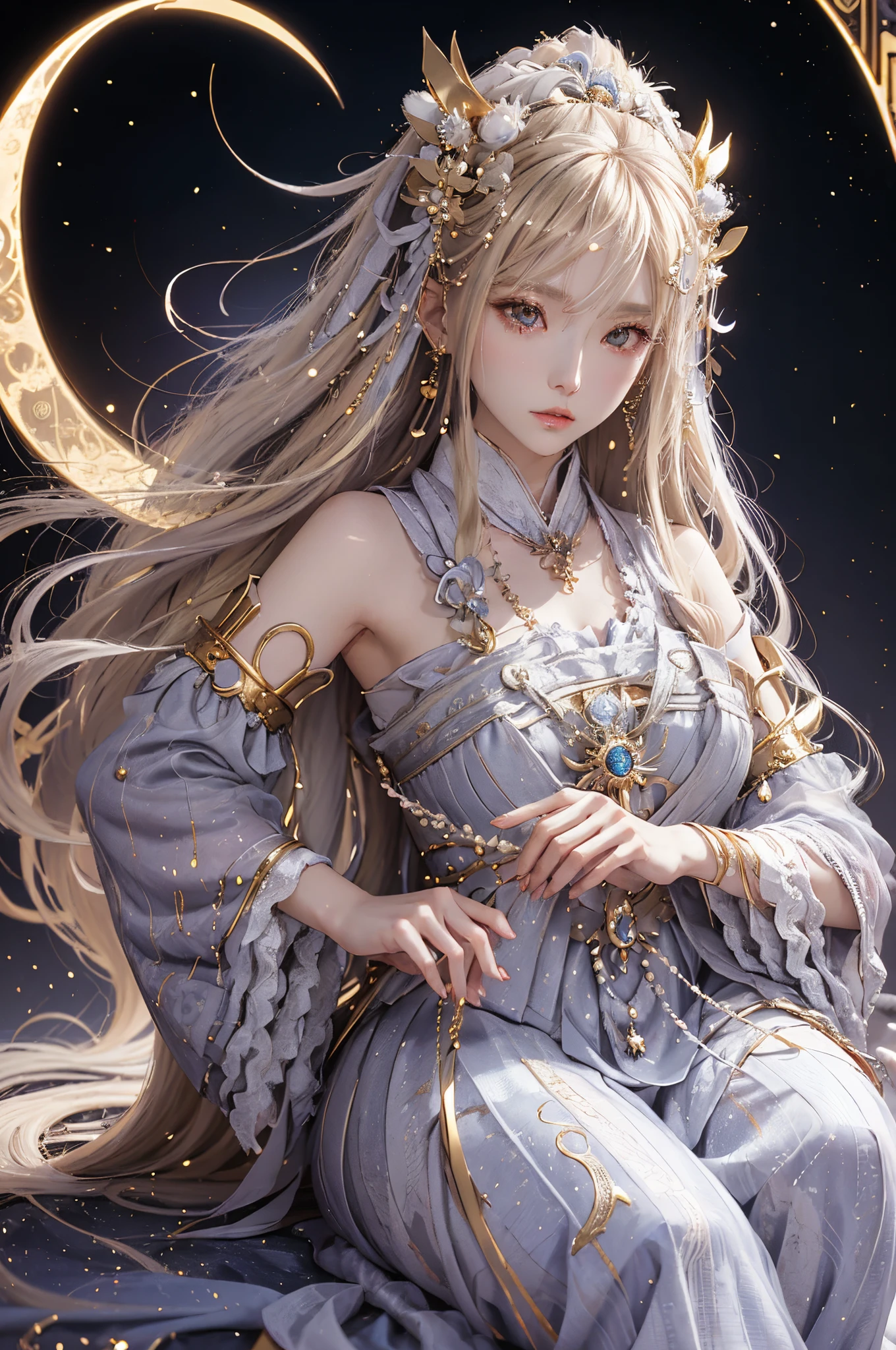 Anime girl with long blond hair and gold jewelry in front of black background, onmyoji detailed art, anime goddess, portrait onmyoji, Onmyoji, white haired god, the goddess artemis smirking, goddess of the moon, intricate gorgeous anime CGI style, Beautiful fantasy empress, Works of the Goddess of Sorrow, goddess of the moon, goddess of the moon