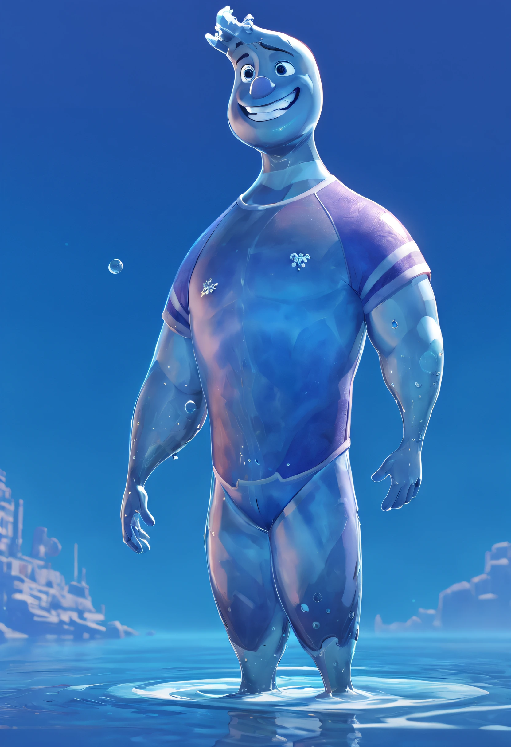 concept art wade standing, full body render, short body, digital artwork by ian mcque, transparent torso, big chest, transparent water chest, three quarters view from side, vivid blue glossy texture, smile, illustrative, glossy painting, highly detailed, blue background
