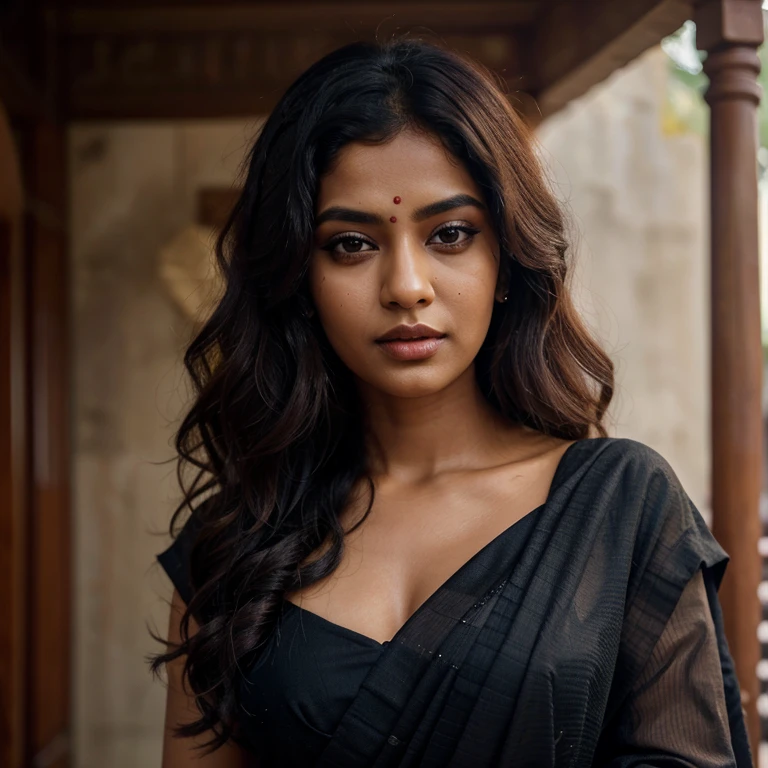 Dark indian lady with saree curly hair blsck nails double eyelids kind of strict face with full lips