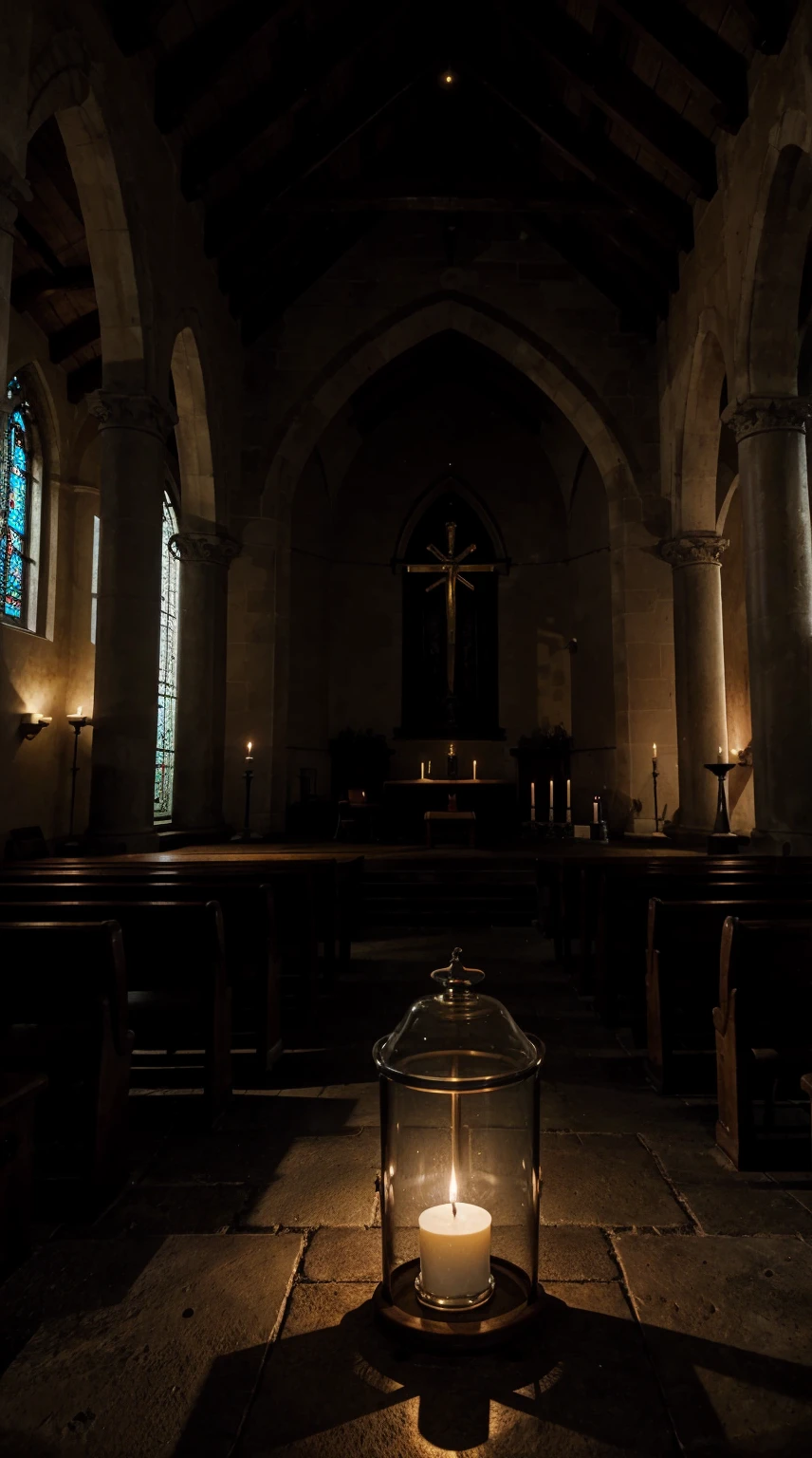 Realistic chapel. Light with candle glow.