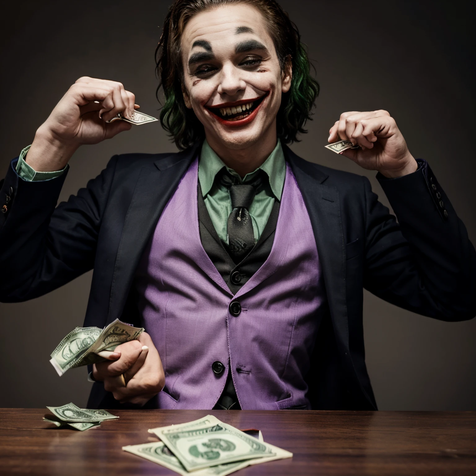 Joker doing a money spread while laughing