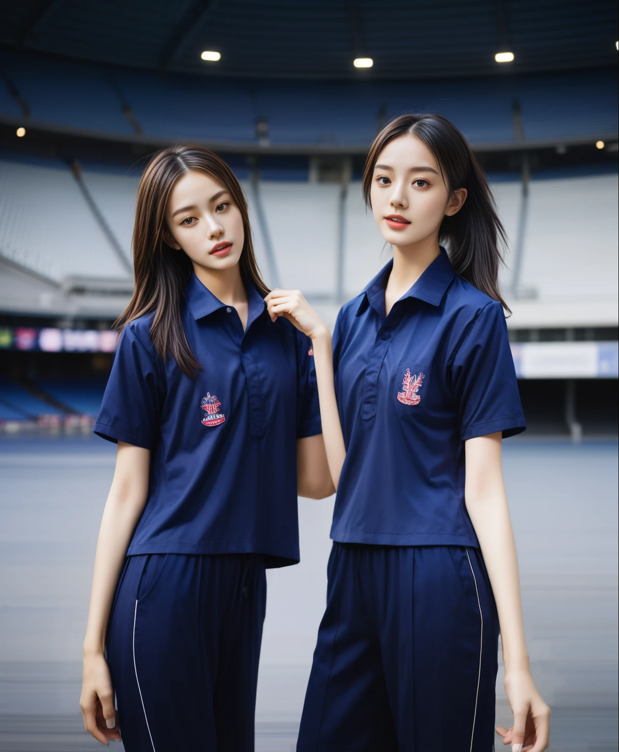(bestquality,10,10,highres,masterpiece:1.2),ultra-detail,(Realistic,photorealistic portrait,photo-realistic:1.37),1 Cute girl in the football field,oily shiny skin,bara,light smile,BDclothelue shirt:1.3)),short sleeves,shirt, trousers.,(navy_long_Pants Track:1.1), ((Stadium Background:1.3)),dynamic angle,excited,face focus,Dynamic Poses,from behide,Ass Focus,masterpiece, bestquality, ultra realistic, hyper-detail, 8k resolution, RAW photo, crisp focus, ((Navy blue shirt:1.1)), short sleeves, Long Path, Perfect body, 2 mature women, 18yo, cinematic light,Blue sweatpants,Gymware,Correct ???????,Complete body, Correct body, sharp face, Anatomically correct body, full entire body, Realistic gestures, long-haired, Realistic poses,Wear long shorts...............................,Long leg span,Shapely,Sculpting Girl, Slender Figure, mannequin mannequins, Shapely, Beautiful body,Blue sweatpants, Two girls kissing