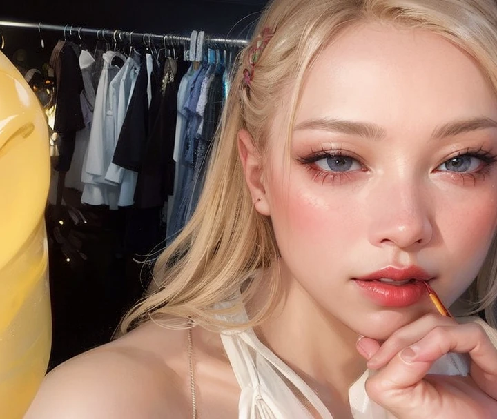 Blonde woman with red lipstick and white dress holding a cell phone, Parque Roseanne de Blackpink, Jossi de Blackpink, Cl, Sun Yunjoo, JIA, maquillaje popular de Corea del Sur, Jimin\labios regordetes, Sha Xi, Retrato de Jossi de Blackpink, 8k selfie photograph, 8k)), Hermosa Delphine, maquillaje coreano popular