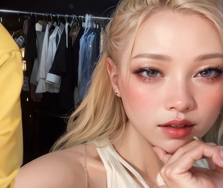 Blonde woman with red lipstick and white dress holding a cell phone, Parque Roseanne de Blackpink, Jossi de Blackpink, Cl, Sun Yunjoo, JIA, maquillaje popular de Corea del Sur, Jimin\labios regordetes, Sha Xi, Retrato de Jossi de Blackpink, 8k selfie photograph, 8k)), Hermosa Delphine, maquillaje coreano popular