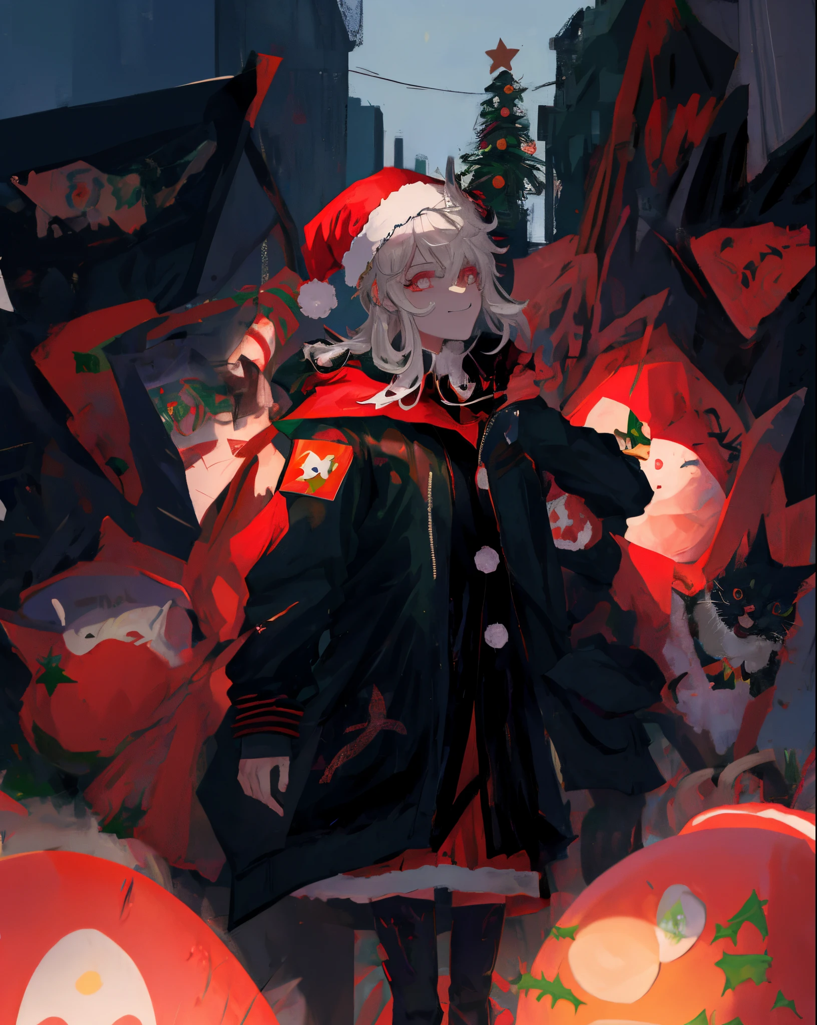 a woman in a black jacket standing in front of a bunch of demonic cats, evil smile and glowing eyes, demon anime girl, demon girl, in the style artgerm, artgerm and atey ghailan, anime wallaper, badass anime 8 k, artgerm comic, profile picture 1024px, digital art from danganronpa, ((christmas theme:1.1)), snowflakes