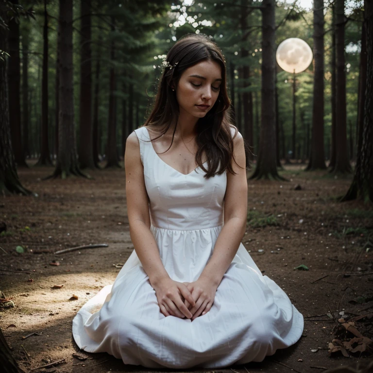 A woman wears a white dress and observes precepts. Sitting and praying with hands together The forest is quiet and dark. There is moon and starlight to give light.
