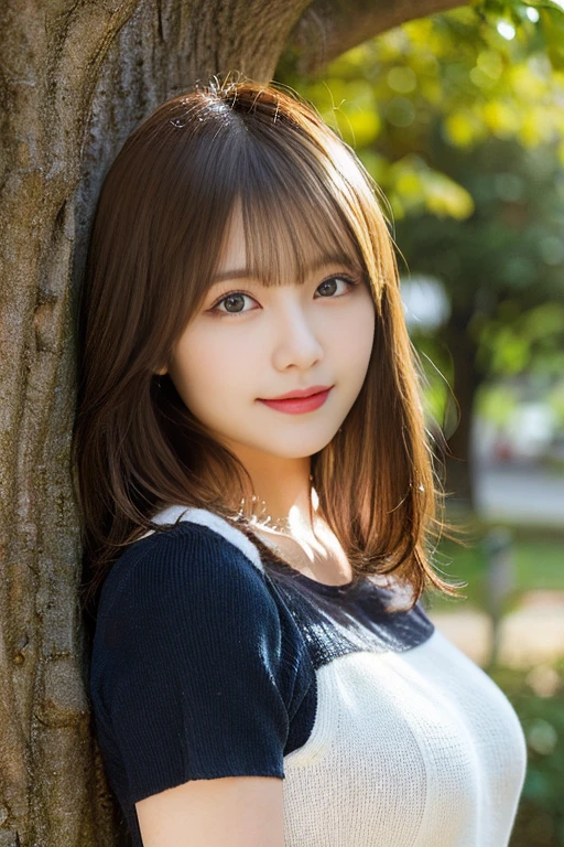 masutepiece, Best Quality, Illustration, Ultra-detailed, finely detail, hight resolution, 8K Wallpaper, Perfect dynamic composition, Beautiful detailed eyes, full bodyesbian、standing near a tree、knit,Medium Hair,Natural Color Lip, Bold sexy poses,Smile,Harajuku、20 years girl、Cute、Sexy shot looking at camera、C Cup、Brown hair、cacique#39;s face