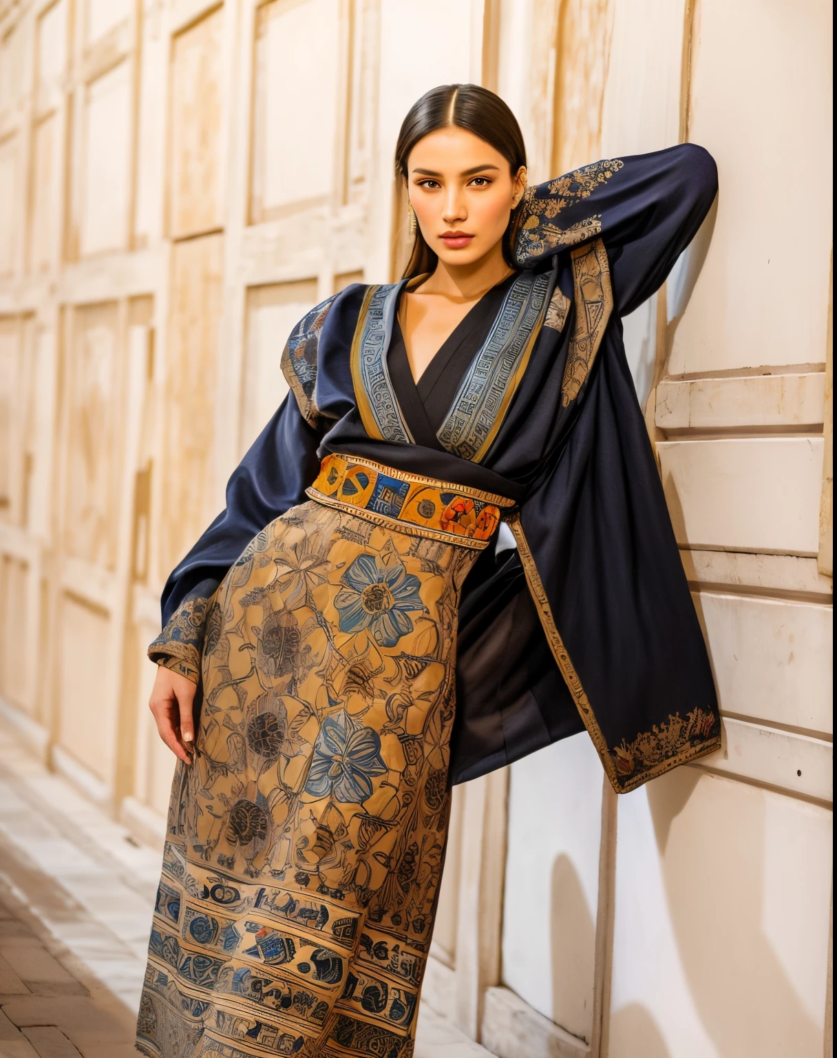 high fashion, hyperrealism, clothing in the style of the Ark fortress, the ancient citadel in Bukhara, Uzbekistan, material with a traditional pattern or drawings in the spirit of the works of artists of that time: at the same time, clothing models refer to those times,material decorated with traditional patterns or drawings inspired by the works of famous artists to create a unique image