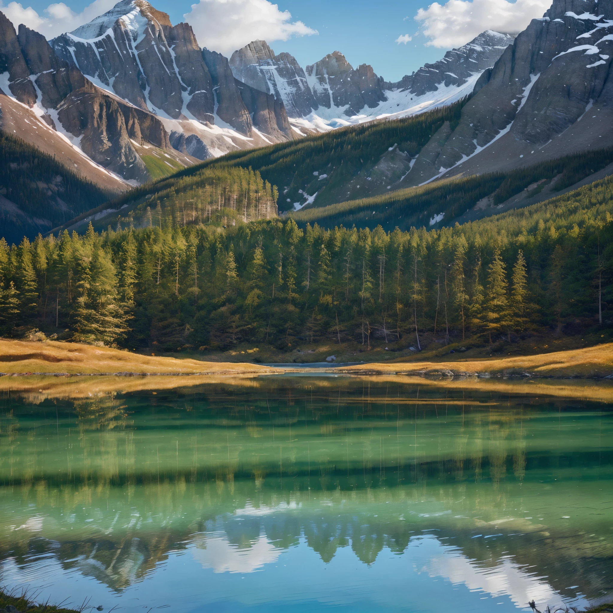 A pristine mountain lake with crystal-clear waters mirroring the majestic landscape that surrounds it, creating a breathtaking scene. This remarkable photograph captures the vivid colors of the towering snow-capped peaks and lush green forests as they beautifully reflect in the calm, undisturbed surface of the lake. The image showcases the pristine beauty of nature, expertly capturing the serene atmosphere and stunning clarity of the scene. Every minute detail is portrayed with utmost clarity and precision, exuding a sense of awe and tranquility.