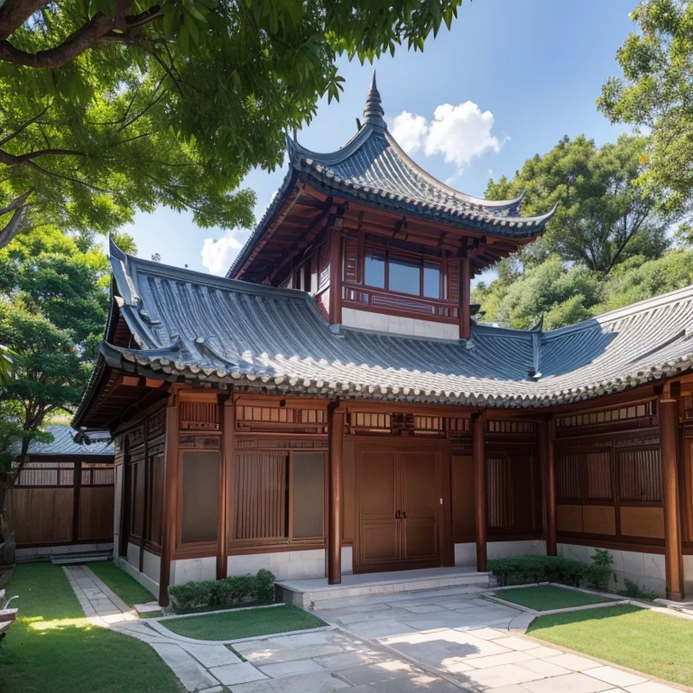 Flat view of Wolong Villa,Anime style,Request to include a small yard outside,The villa a cottage,relatively