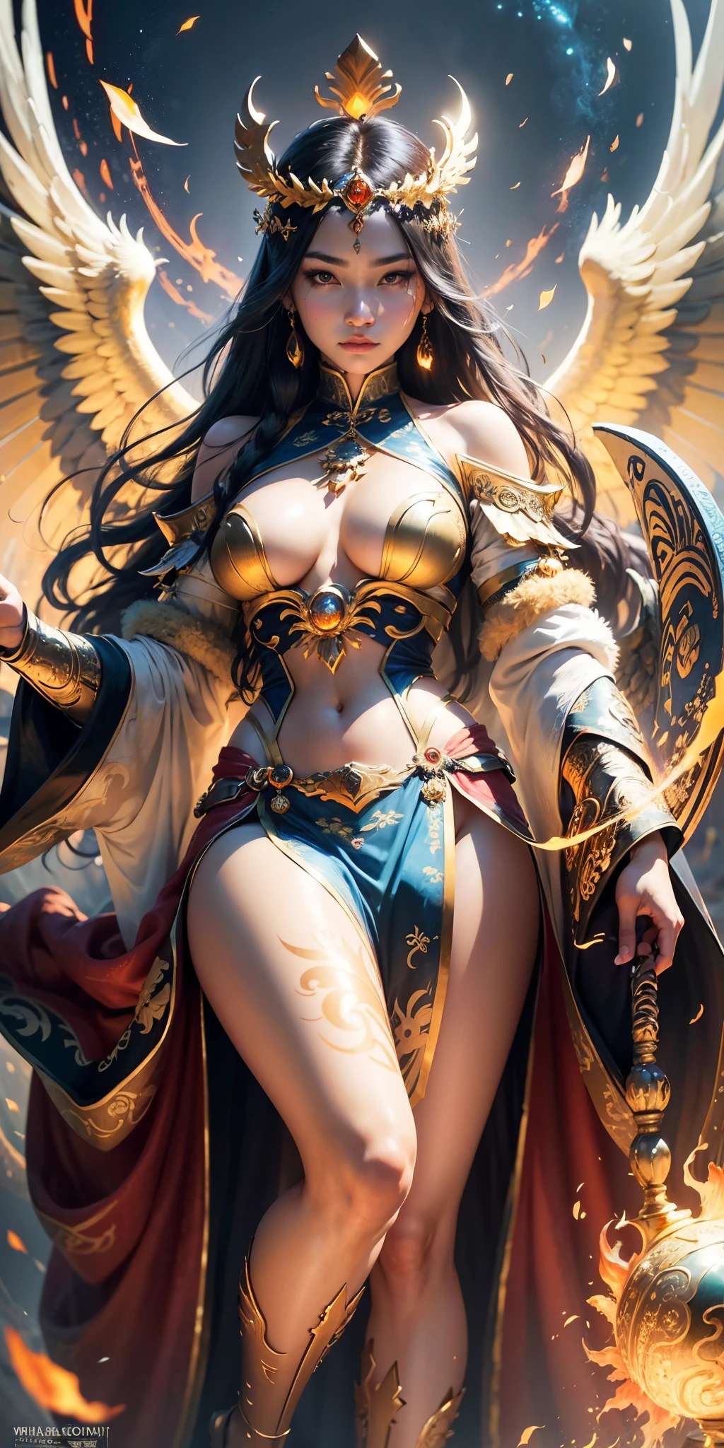 1 Chinese girl, beautiful ancient queen, detailed eyes, detailed face, mature face, athletic body, looking at the viewer, full body, faint smile, detailed skin, mature body, tall body, body , medium, medium thighs, detailed clothingBREAK Great Wall and Forbidden City background, holding only a long and thick sun scepter, Phoenix dragon in the sky, highly saturated sunlight, sacred ceremony, angel halo, gold and orange sparks dazzling, sacred magic circle, golden crown, golden lightning, best quality, masterpiece, art site trends, BREAK, detailed, photorealistic, 4k highly detailed digital art, octane render, creature Glow, Cinematic LightingBREAK 8K Resolution Concept Art, Realistic, by Mappa Studio, Masterpiece, Best Quality, Official Art, Illustration, Ligne Claire, (cool_color), Perfect Composition, Absurdity, Fantasy, Focus, --auto --s2