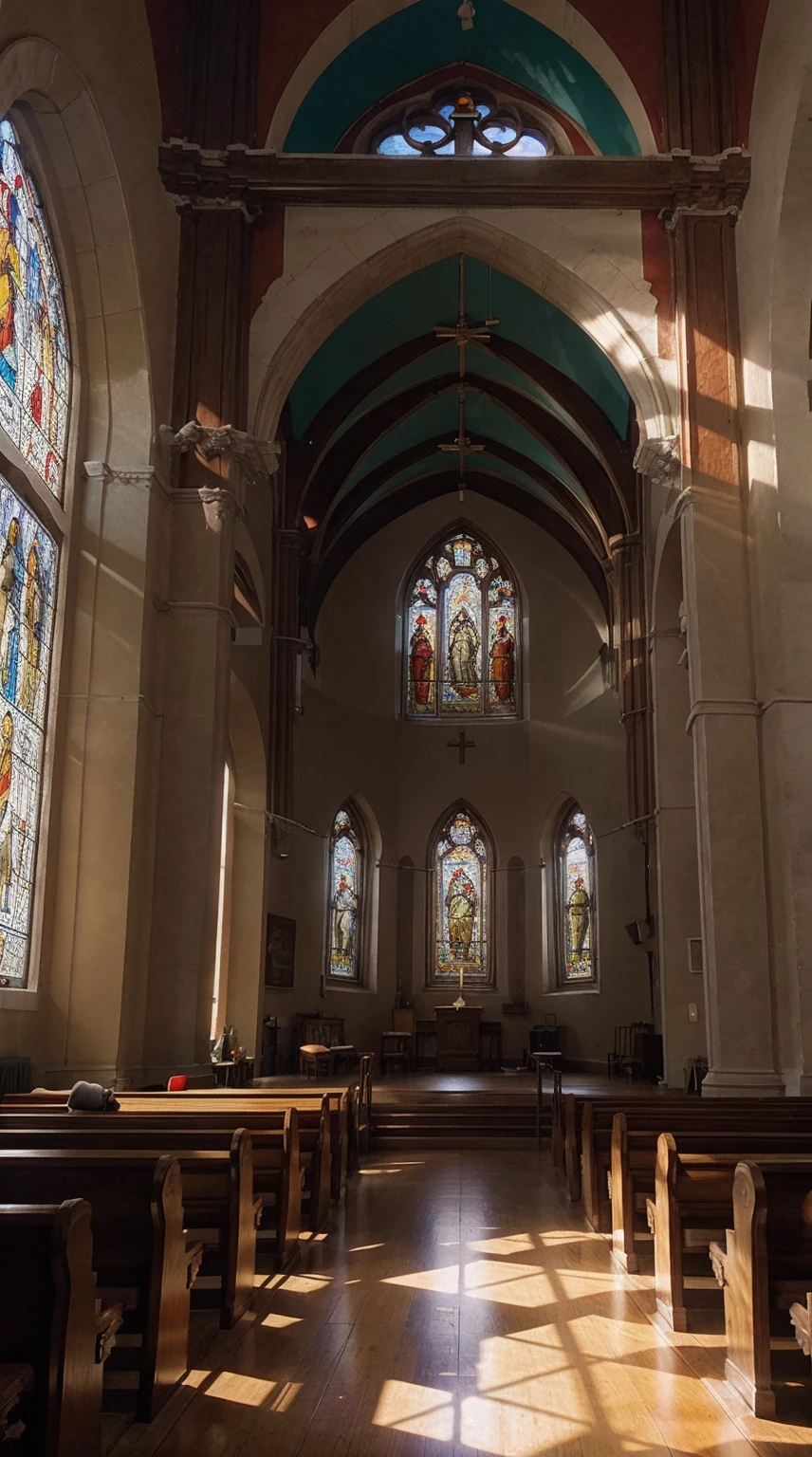 Beautiful church, colored stained-glass windows, A large cross hangs from the ceiling, The vibrant, A thin beam of sunlight falls on the floor, Red Walls, Tile
