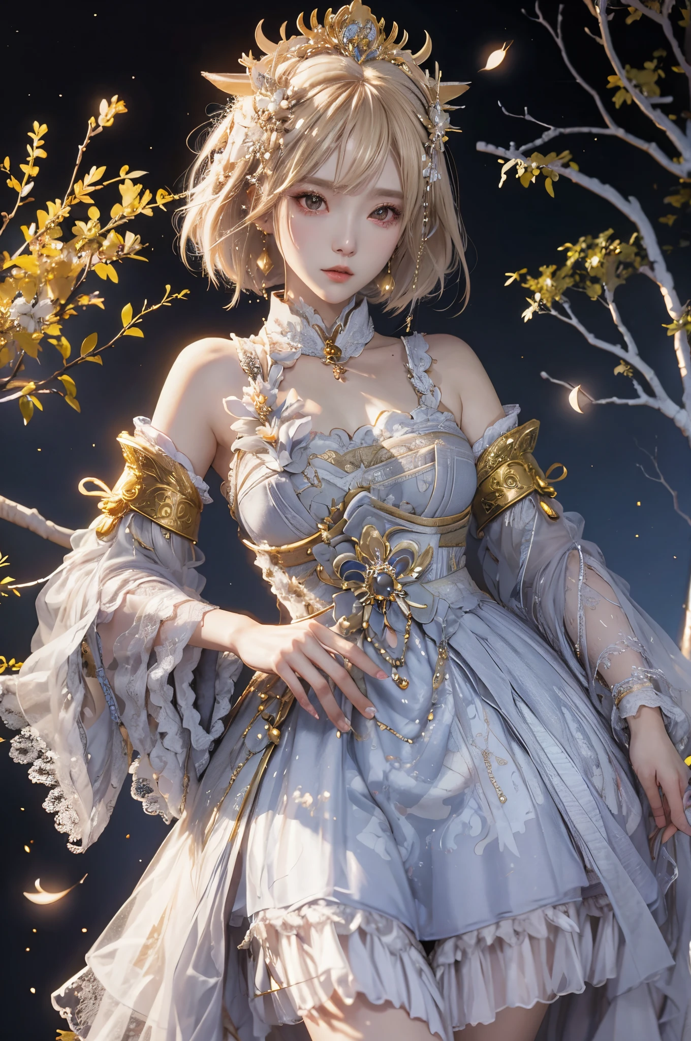 Anime girl with short blond hair and gold jewelry in front of black background, onmyoji detailed art, anime goddess, portrait onmyoji, Onmyoji, white haired god, the goddess artemis smirking, goddess of the moon, intricate gorgeous anime CGI style, Beautiful fantasy empress, Works of the Goddess of Sorrow, goddess of the moon, goddess of the moon, huge tit
