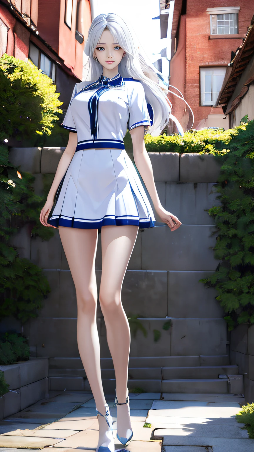 (Hyper-realistic 8k CG:1.2),Perfect artwork,((tmasterpiece)), ((Best quality at best)), (looking at viewert:1.1),(extremly intricate:1.2), (Full body lesbian: 1.2), 1 Lady (own: 1.1), Standing on the crystal clear seaside，Cold and beautiful face, Skin as white and smooth as pearls, Long white hair，黑The eye, Slender and flexible body, slim fit short dress，（symetrical eyes，no eye circles，pretty eyes），symmetrical hands，Slender and beautiful hands，perfect hand，Fingers turn white，（Perfectly symmetrical body），looking at viewert，exposing thighs，white and thin，Wear Martin boots，Whole body diagram