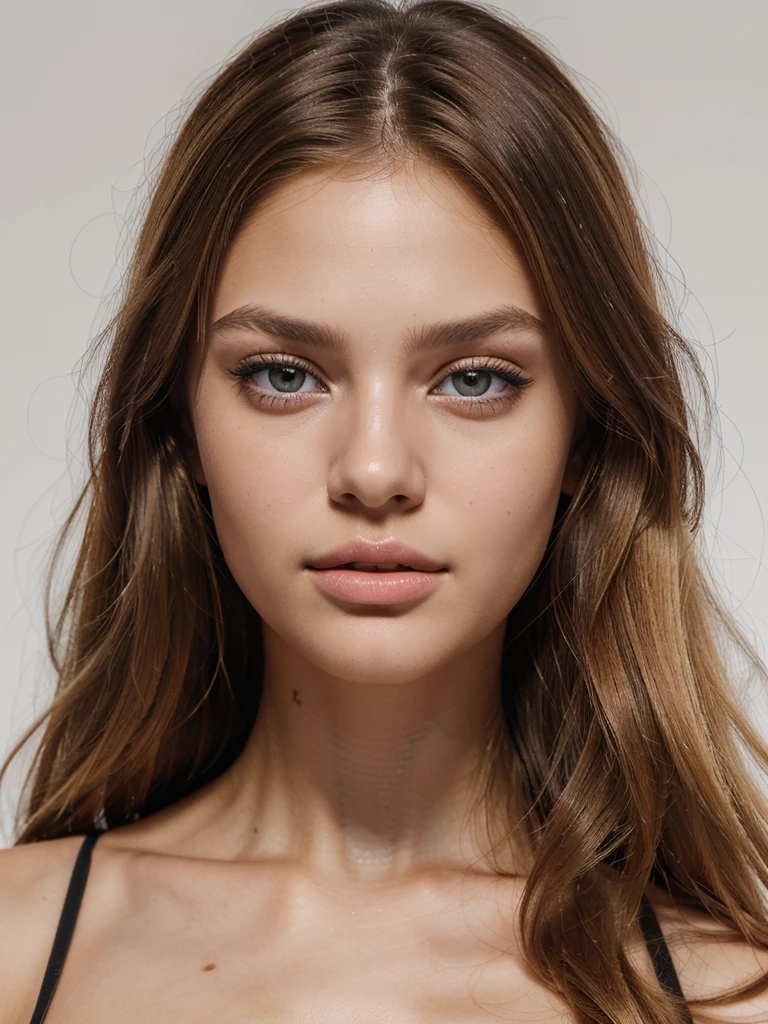 (high quality, ultra-detailed, realistic:1.2), ultra realistic 8k, ultra detailed, vibrant colors, studio lighting.
Clear, very detailed photo of a young, beautiful girl of 27 years. Shot on sony a7lll 85 mm. 3d face model. great detail. BLONDE hair, detailed eyes, detailed lips, girl. Has big dark brown eyes. Also have characteristics of a Ukrainian woman. this girl look like Romee Strijd. has plump juicy lips. hair is straight, slightly twisted, blonde. portrait on a white background.