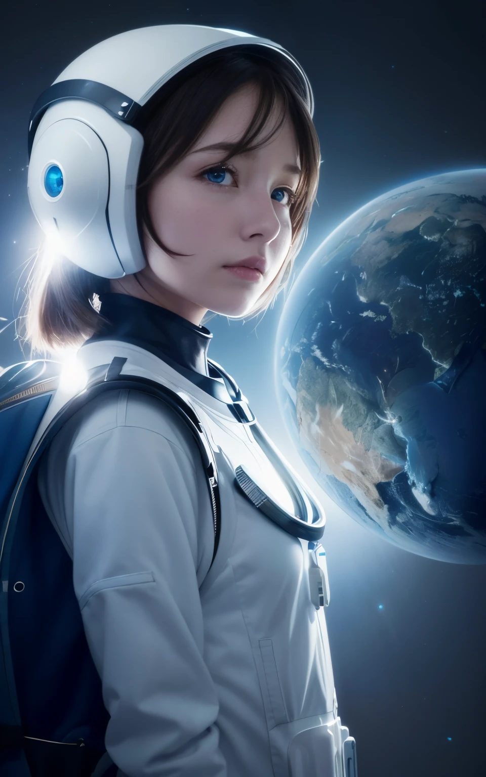 Beautiful astronaut 25 years old woman 1950 , Deep Blue Eyes, Metallic white orange detail clothing, Cinematic, photo shot, Half backlight, Backlight, Dramatic Lighting , Incandescent, Soft lighting, insanely detailed and intricat, Hyper maximalist, Art that is not Gwaits style, Elegant Pose, Dynamic, Photography, Volumetric , ultra-detailliert, intricate detailes, An ultra-detailed masterpiece by Gwise, futuristic environment