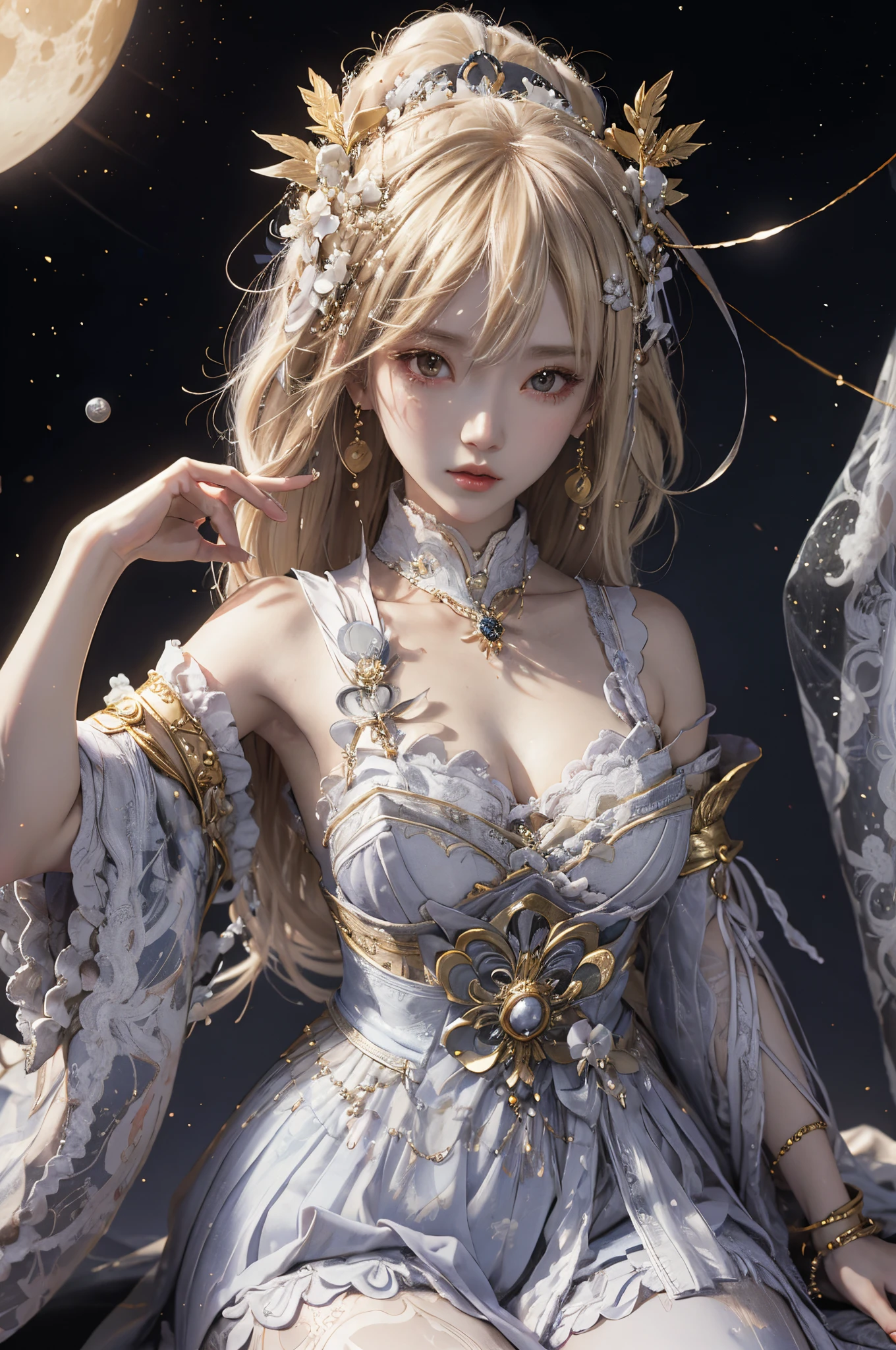 Anime girl with short blond hair and gold jewelry in front of black background, onmyoji detailed art, anime goddess, portrait onmyoji, Onmyoji, white haired god, the goddess artemis smirking, goddess of the moon, intricate gorgeous anime CGI style, Beautiful fantasy empress, Works of the Goddess of Sorrow, goddess of the moon, goddess of the moon, huge tit