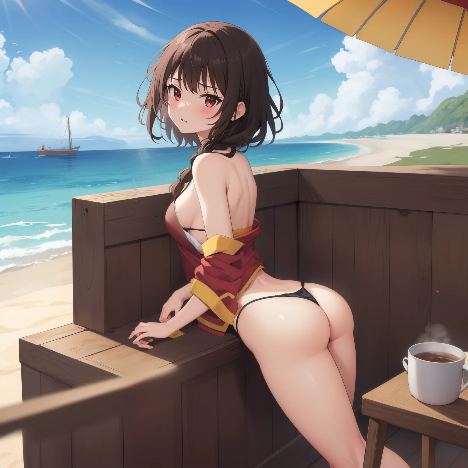 1girl, highleg panties, sexy , , without bra, show breasts ass, beach,, masterpiece, best quality, highly detailed, looking at viewer, add motion blur, add A cloud of dialog, add a manga emotion,braid, megumin_konosuba, short_hair, brown_hair, black_hair, red eyes,