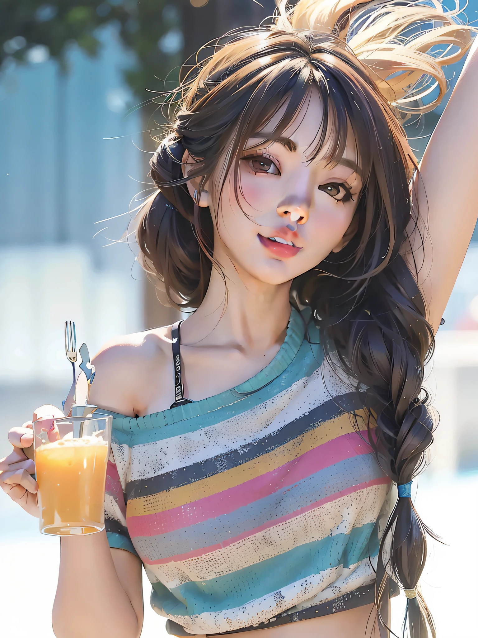 Long-haired Asian woman holding drink and fork, Guviz-style artwork, Beautiful anime girls, attractive anime girls, Popular topics on cgstation, kawaii realistic portrait, pretty anime girl, realistic young anime girl, anime girl in real life, Cute Anime Girls, A beautiful anime portrait, guweiz, gas station trends