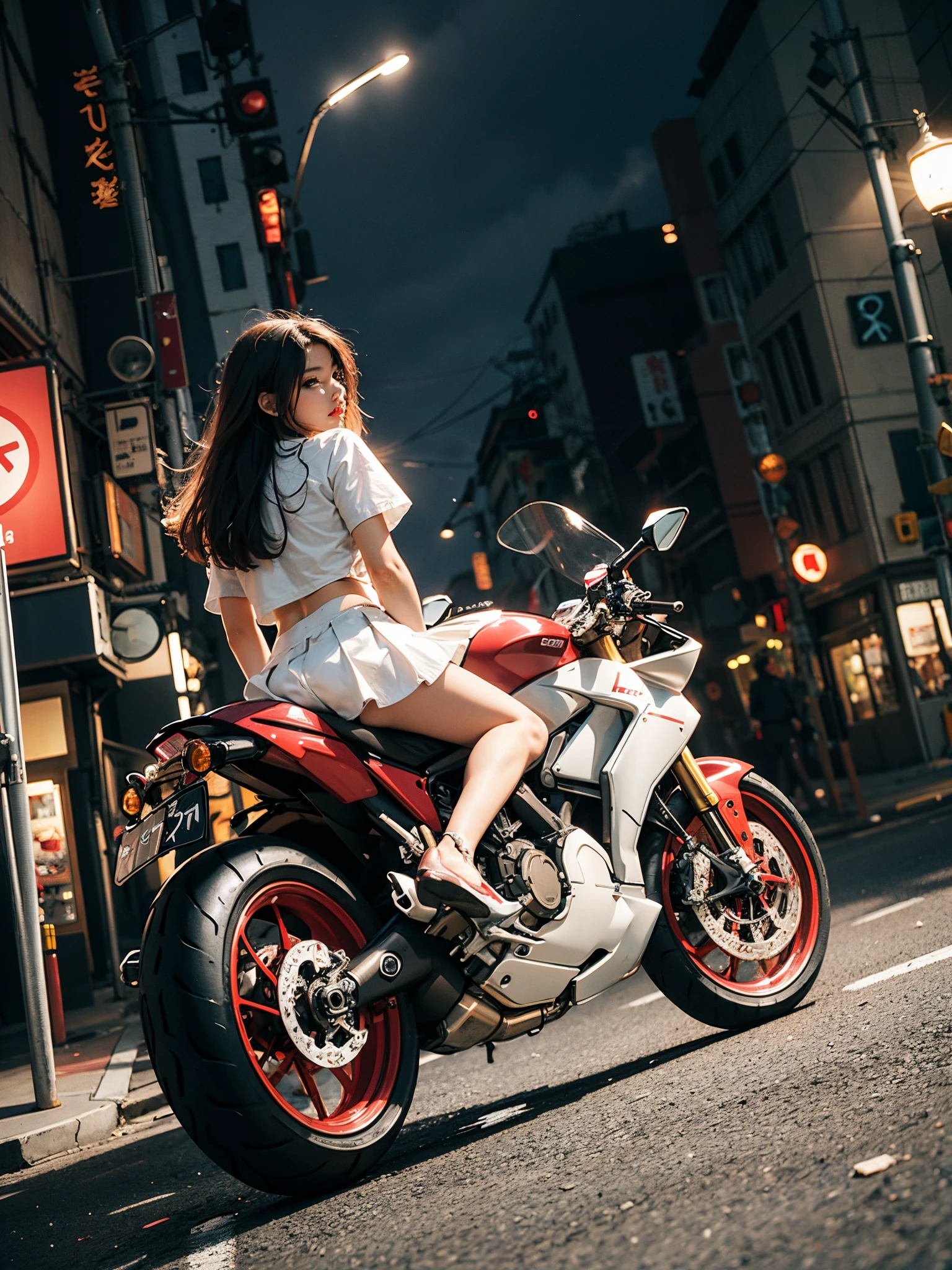 IGH resolution, High image quality, 8K, Real Live Action, live shooting, Highest Quality, masutepiece, necessities, (Soft Saturation: 1), (depth of fields: 1.2), (Ray tracing: 1.2), dynamic camera angle, Dynamic Pose, ((Night)), strong breeze, BREAK, The background is a beautiful neon cyberpunk Tokyo, Neon light, headlight, BREAK, Big red motorcycle speeding through the city at night, ((Leave a trail of light: 1.2)), Ducati Panigale V4,  style motorcycle,  style motorcycle, Ducati Panigale V4 Motorcycle Rider, How to ride Ducati Panigale 4, (Draw left and right rearview mirrors: 1.3), headlights shine blue, picture of a female biker, motorbike, Motorcycle displacement: Ducati Panigale V4 Details, white smoke from tires: 1.2, BREAK, Woman in a red dress sitting on a big red bicycle, Beautiful face, Sitting on the Ducati Panigale V4, (Red dress: 1.2), BREAK, (White mini skirt: 1.3),white knee highs, Red boots: 1.2, Draw toes: 1.2), Perfect hands, Perfect feet, perfect ankles, Perfect five fingers, Perfect toes, Perfect Heel: 1.3, ((controller) Grasp with both hands:1.2)), (bending forward:1.2), put one #39;Upper body, Whole body, Lower body bare:1.2,