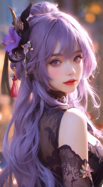 Girl with purple hair and black top，double-ponytail，Purple eyes，Realistic style 4K, Portrait of a beautiful woman, Gurwitz style artwork, Guviz, Realisticstyle. 8K, beuaty girl, stunning face portrait, 8K, Art germ, bokeh, 8k high-quality detailed art