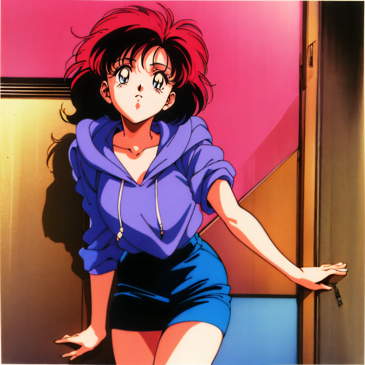 anime girl in pink hoodie leaning against a door, 80s anime ova style, 1980's anime style, 8 0 s anime style, 8 0 s anime vibe, 8 0 s anime art style, in the art style of 8 0 s anime, an retro anime image, anime cels, 90s anime style, 9 0 s anime style