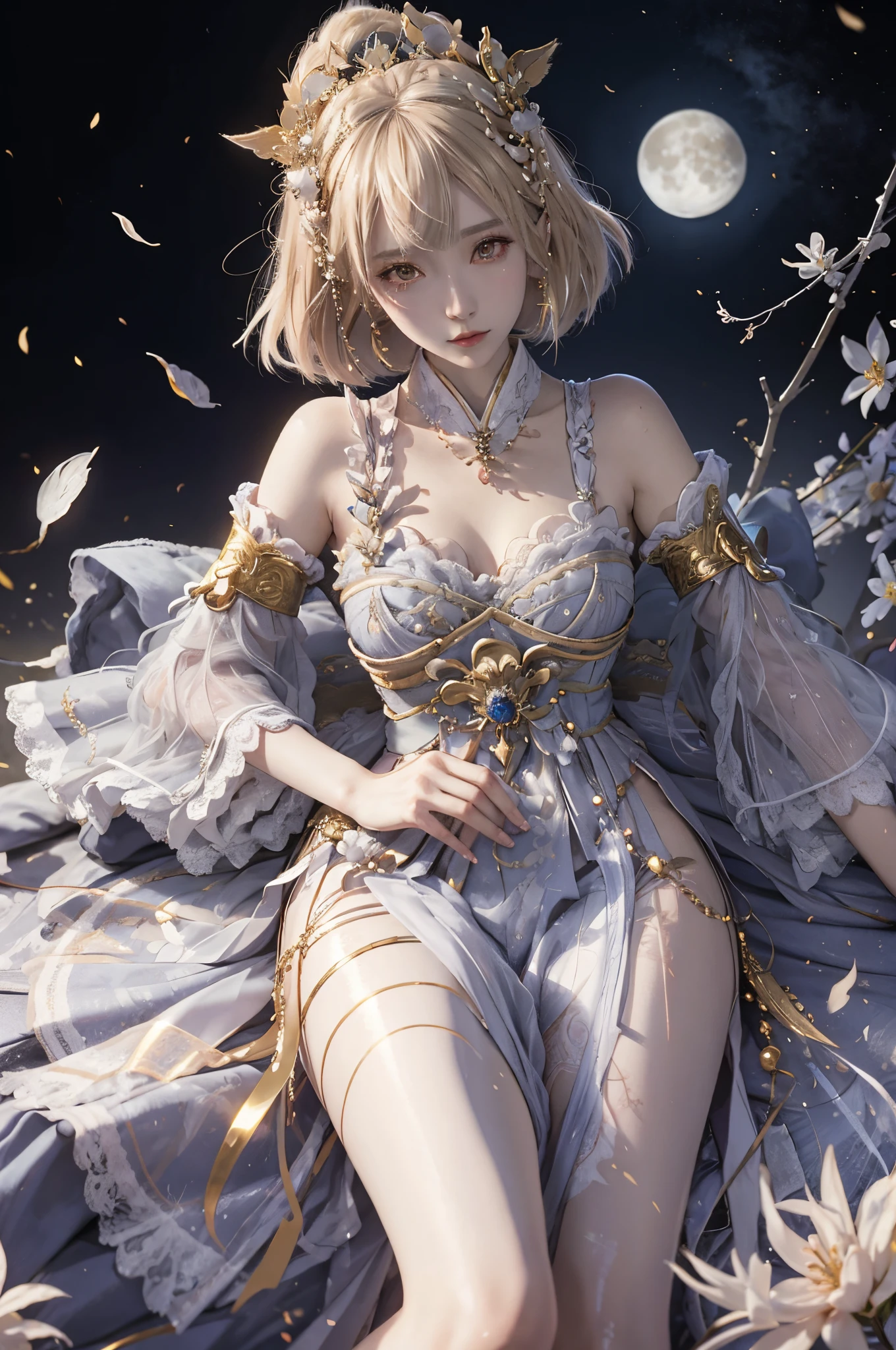 Anime girl with short blond hair and gold jewelry in front of black background, onmyoji detailed art, anime goddess, portrait onmyoji, Onmyoji, white haired god, the goddess artemis smirking, goddess of the moon, intricate gorgeous anime CGI style, Beautiful fantasy empress, Works of the Goddess of Sorrow, goddess of the moon, goddess of the moon, Colossal tits