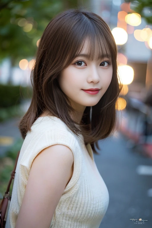 (masterpiece:1.5)、(8K)、(Photorealsitic:1.5)、Raw photography、(Top image quality:1.4)、(foco nítido:1.5)、 top-quality、masterpiece、超A high resolution、very detailed and professional lighting、 23 years old、slender、prety woman:1.4、serious facial expression、autumnal、randome pose, Best Quality, Illustration, Ultra-detailed, finely detail, hight resolution, 8K Wallpaper, Perfect dynamic composition, Beautiful detailed eyes, knit,Medium Hair,Natural Color Lip, Bold sexy poses,Smile,Harajuku、20 years girl、Cute、Sexy shot looking at camera、C Cup、Brown hair、cacique#39;s face、A detailed eye、二重まぶた