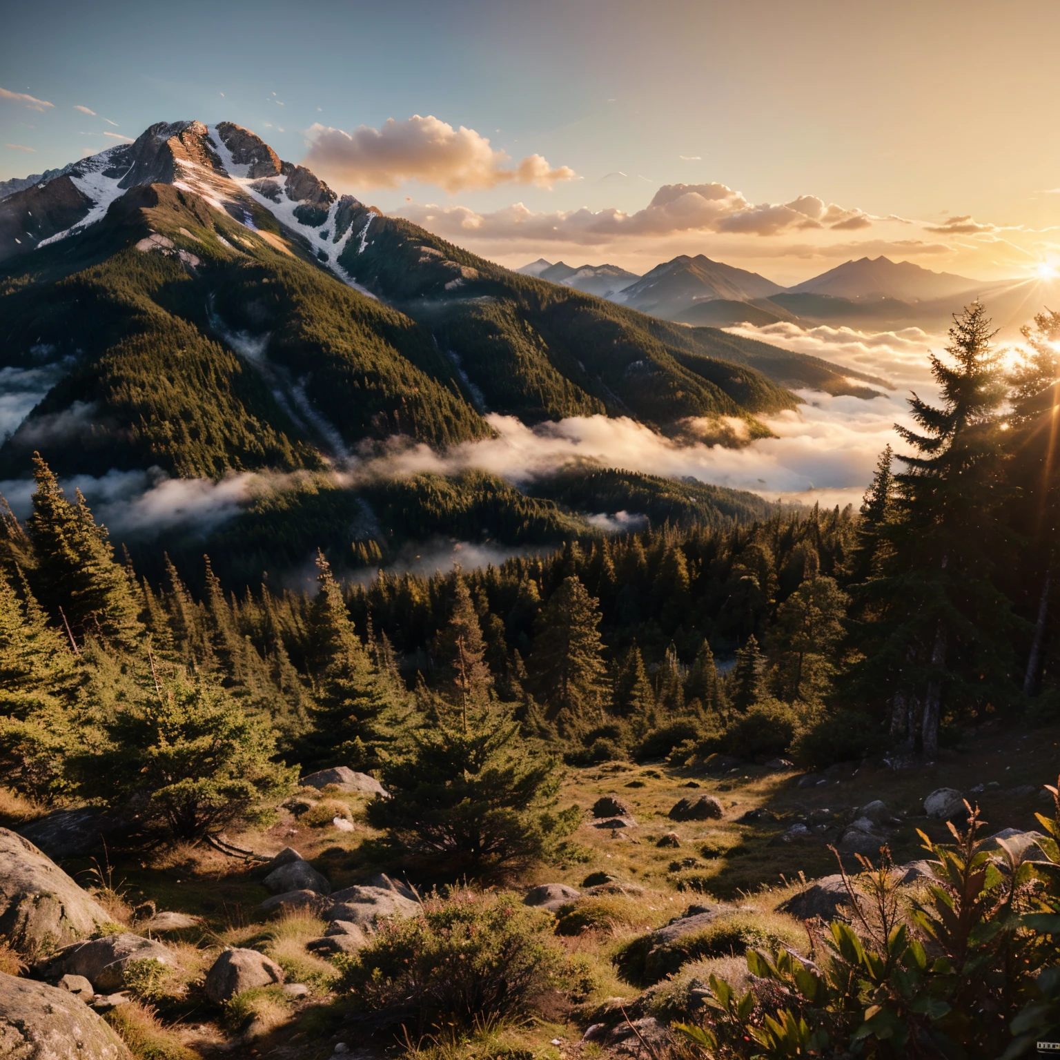 Evergreen mountain forest, mist all over, sunset time, masterpiece,ultra realistic, detailed,8k ,