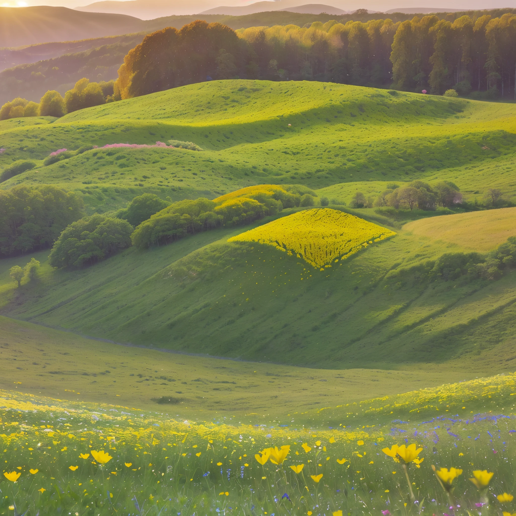 In stunning detail, this image depicts vibrant wildflower-filled meadows bursting with an array of colorful blooms. The meadows stretch to the horizon, their beauty enhanced by the soft rays of a golden sunset. The delicate petals of the wildflowers sway gracefully in the breeze, creating a breathtakingly picturesque scene. This captivating photograph showcases the vibrant colors and natural splendor of these meadows, immersing viewers in a world of floral enchantment. Every intricate detail of the flowers and surrounding landscape is captured with exceptional clarity, allowing the viewer to appreciate the beauty and tranquility of this idyllic setting.
