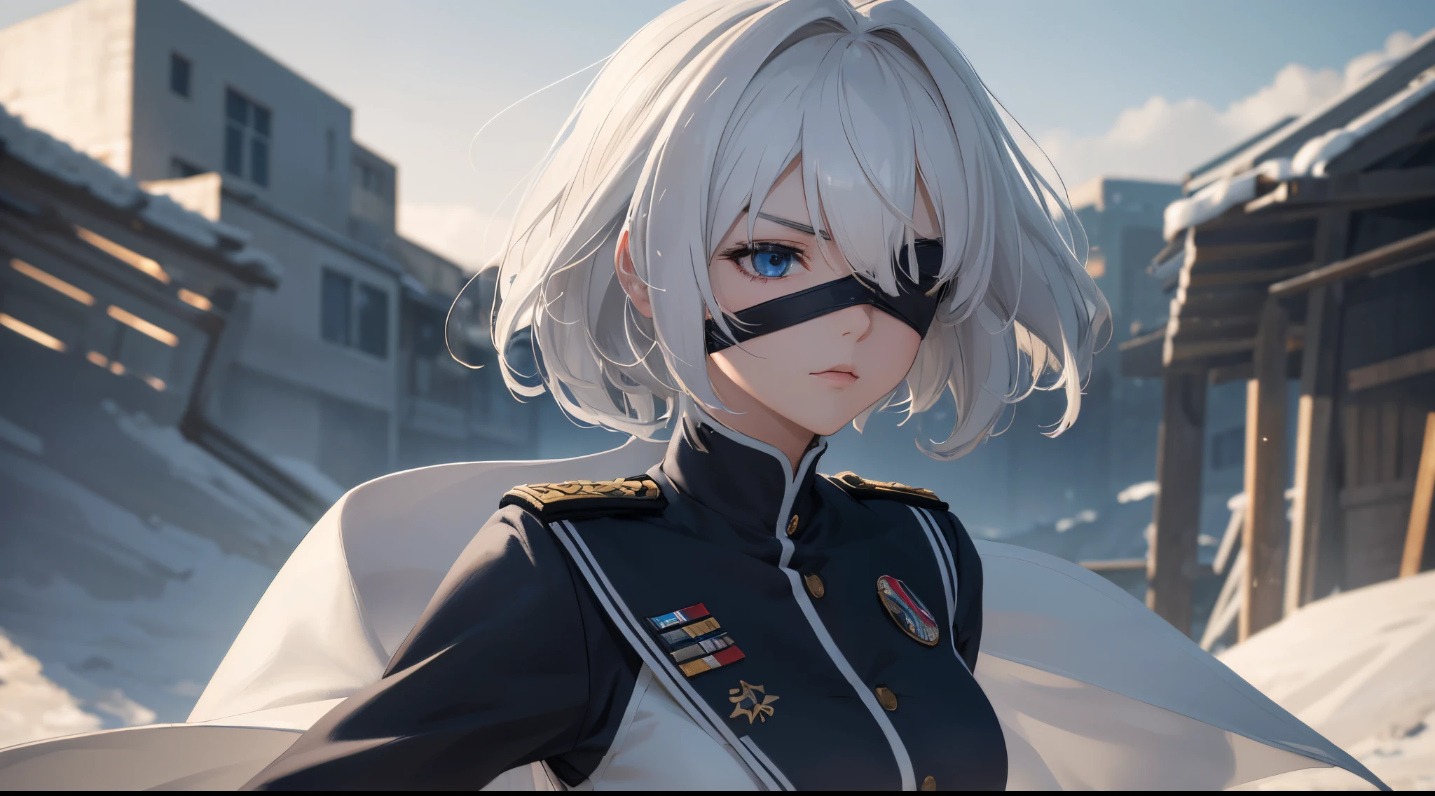 (extremely detailed CG unity 8k wallpaper), (masterpiece), (best quality), (ultra-detailed), (best illustration), (best shadow), (absurdres), 2, 1girl, short hair, short ponytail, normal size boobs, white hair, blindfold solo, Intimidating women, admiral uniform, night, hero pose, white clothes, General Uniform, Military Uniform, Sunlight, exposed to sunlight,commander, cape, fighting, ((beautiful fantasy girl)), (Master Part: 1.2), Best Quality, High Resolution, photorealestic, photogenic, Unity 8k壁纸, perfect lighting, (perfect arms, perfect anatomy) beatiful face, intricate details, Detalhes realistas, the anime, The Perfect Girl, perfect details, Ultra HD |, 8K, Professional photo, Car background