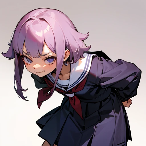 schoolgirl, petite, cute, smug, hands behind back, leaning forward