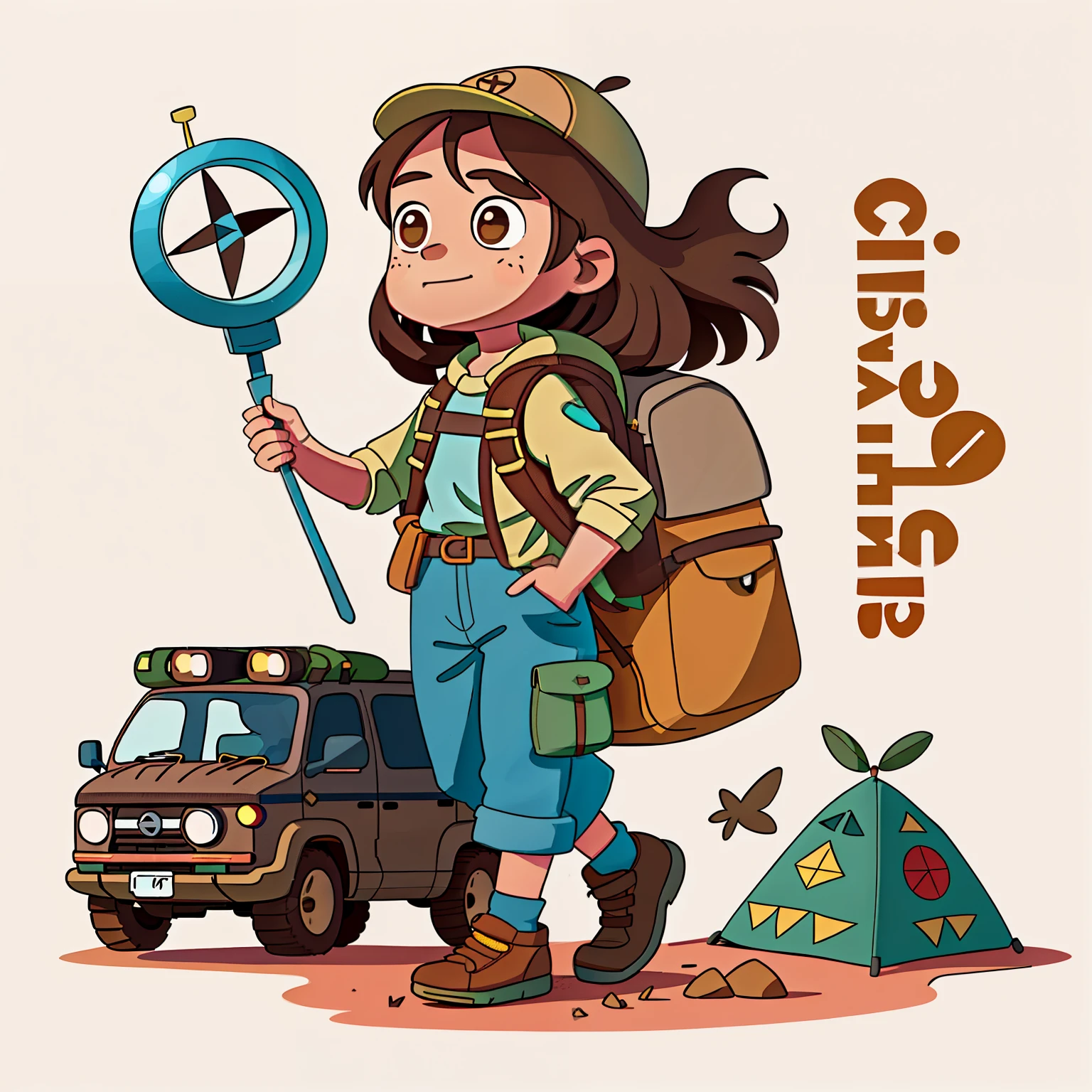 Girl with medium long brown hair,Adventure costumes,trouser,Carrying a large backpack,camping,A desert(There an oversized compass on the back)(hold love in hands)in the early morning,(There love)Happy,Surrounded by love,Surrounded by love,O sign,vector,line art,designs,inspiration,straight line,RHAD