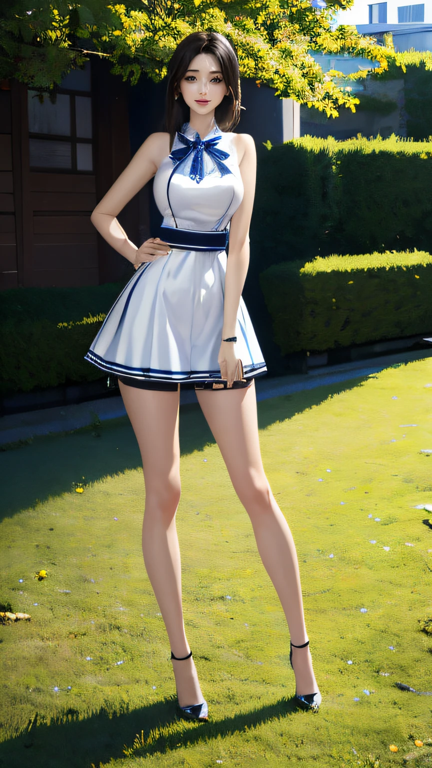 (Hyper-realistic 8k CG:1.2),Perfect artwork,((tmasterpiece)), ((Best quality at best)), (looking at viewert:1.1),(extremly intricate:1.2), (Full body lesbian: 1.2), 1 Lady (own: 1.1), Standing on the crystal clear seaside，Cold and beautiful face, Skin as white and smooth as pearls, cabelos preto e longos，黑The eye, Slender and flexible body, slim fit short dress，（symetrical eyes，no eye circles，pretty eyes），symmetrical hands，Slender and beautiful hands，perfect hand，Fingers turn white，（Perfectly symmetrical body），looking at viewert，exposing thighs，white and thin，Wear black high heels，Whole body diagram